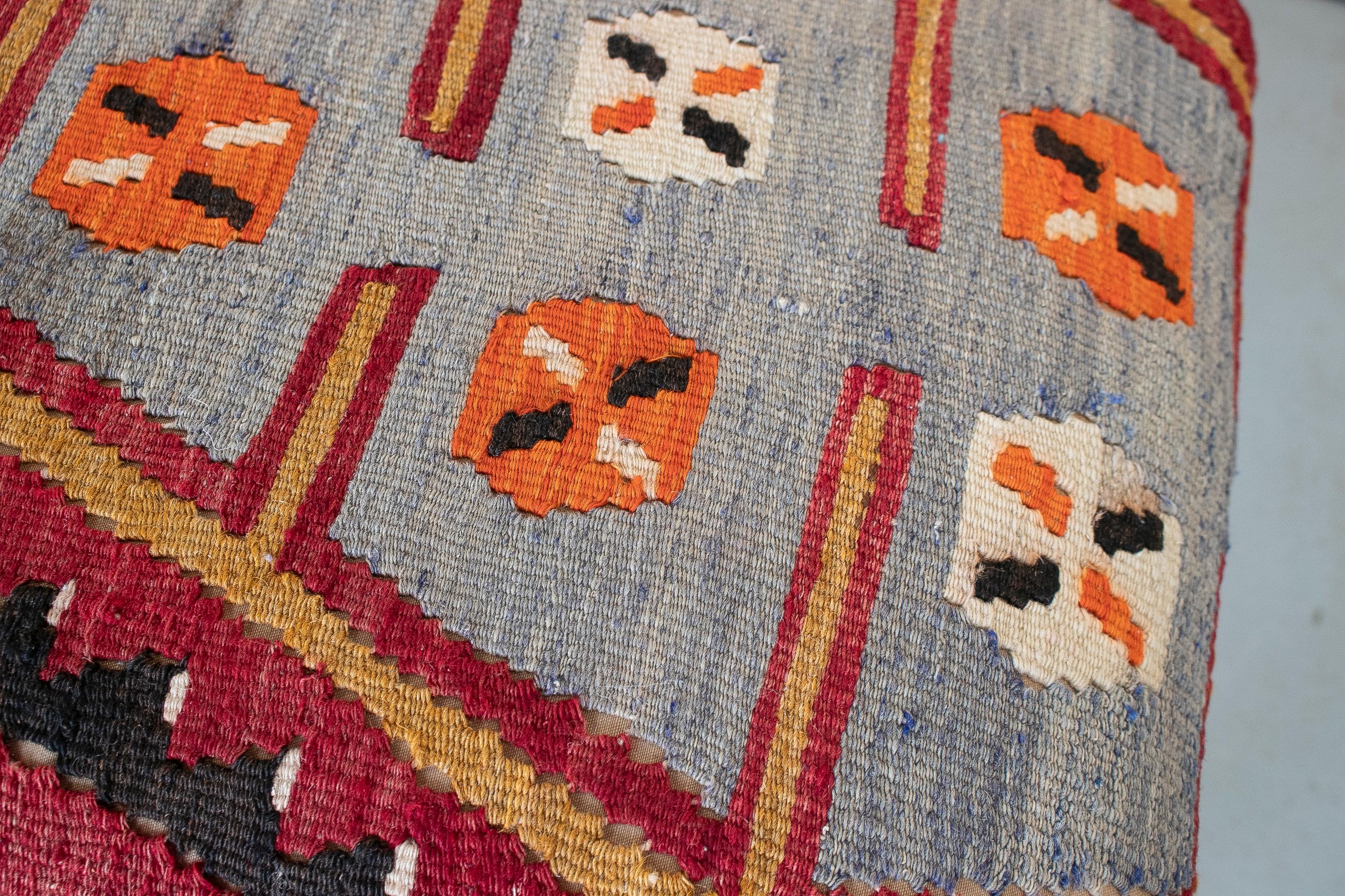Vintage 1950s Spanish Tapestry-Woven Kilim Upholstered Two-Seat Bench 5