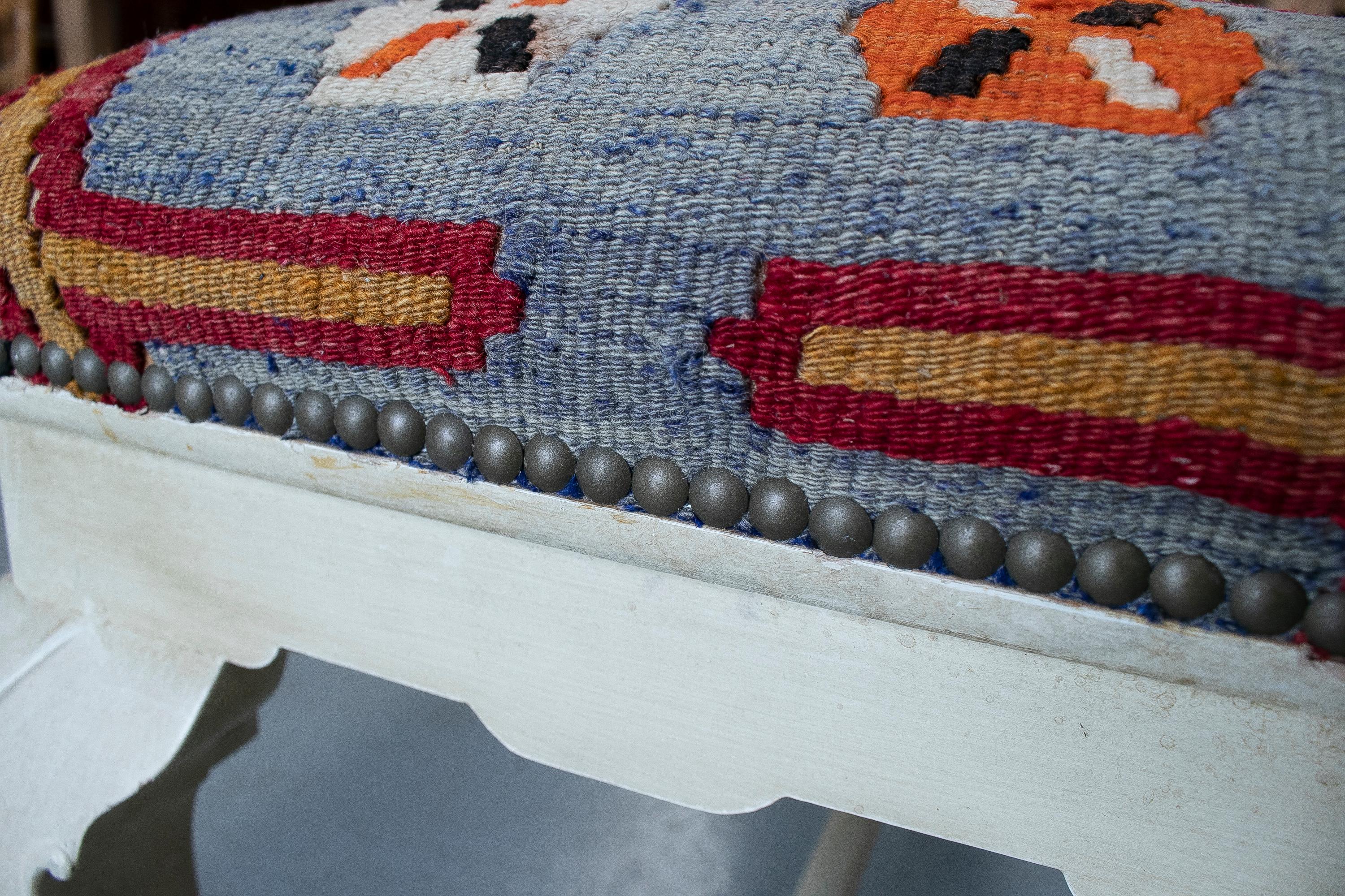 Vintage 1950s Spanish Tapestry-Woven Kilim Upholstered Two-Seat Bench 6