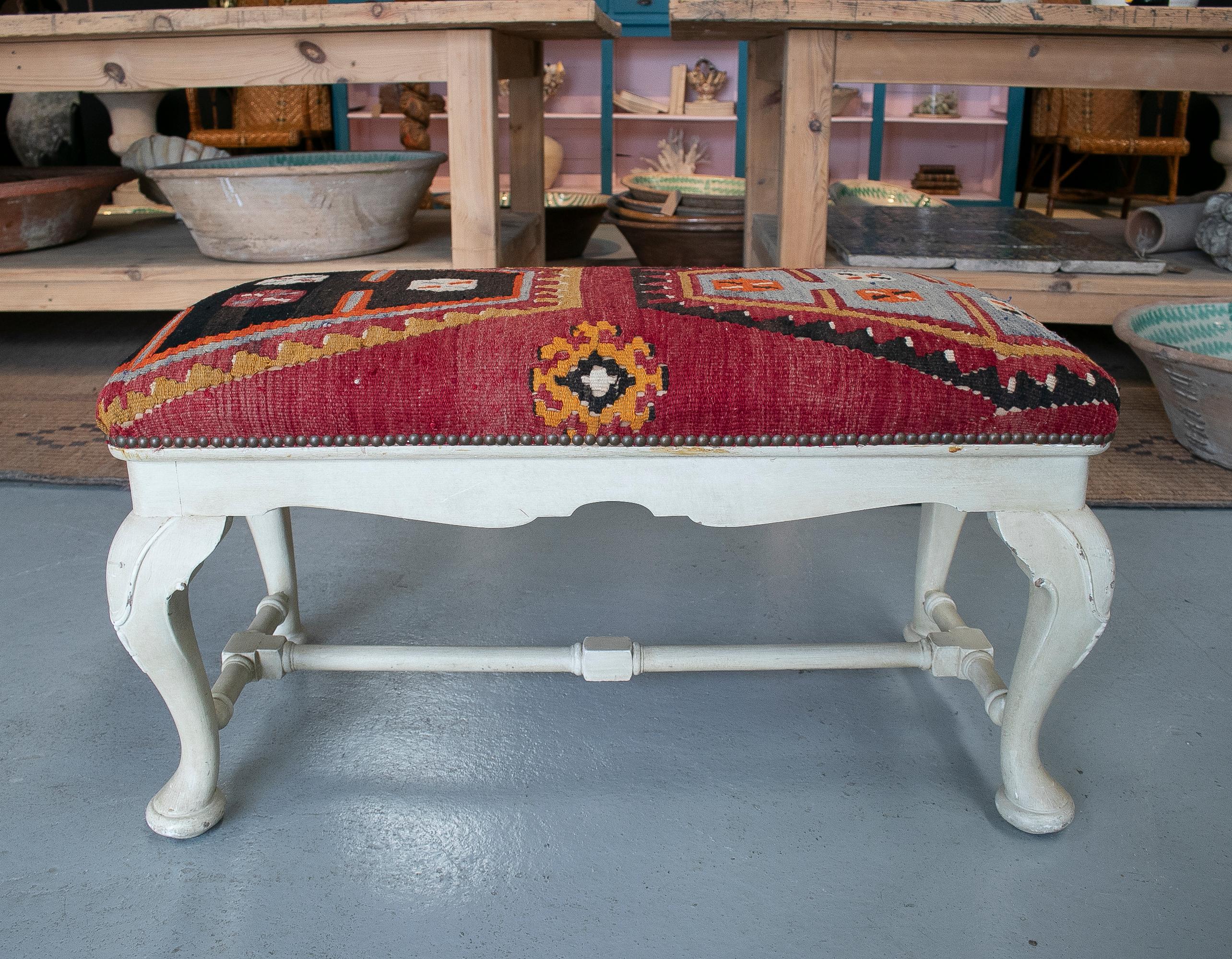 Vintage 1950s Spanish tapestry-woven kilim upholstered two-seat bench.
