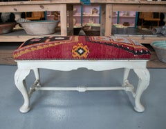 Vintage 1950s Spanish Tapestry-Woven Kilim Upholstered Two-Seat Bench