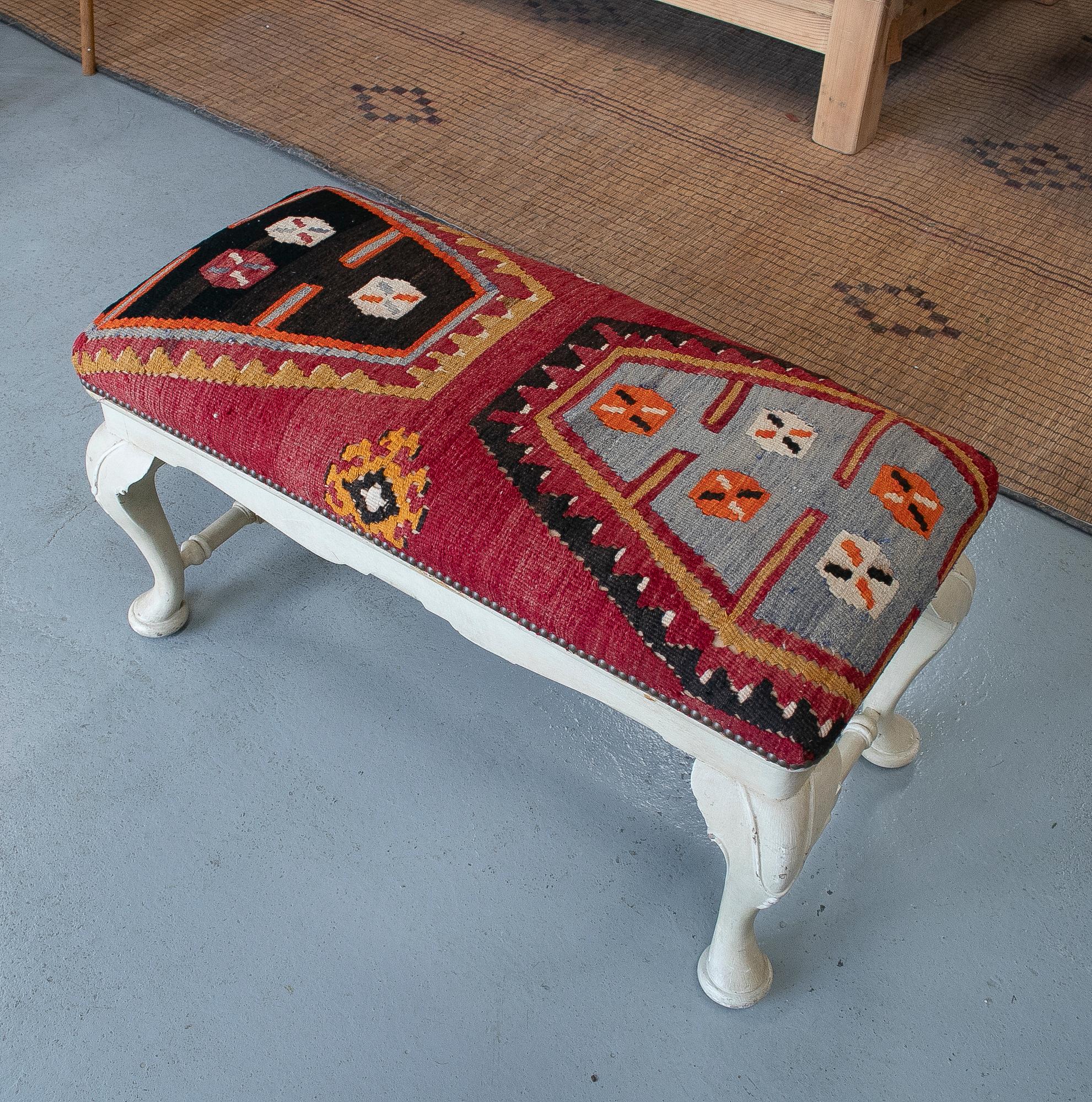 Vintage 1950s Spanish Tapestry-Woven Kilim Upholstered Two-Seat Bench In Good Condition In Marbella, ES