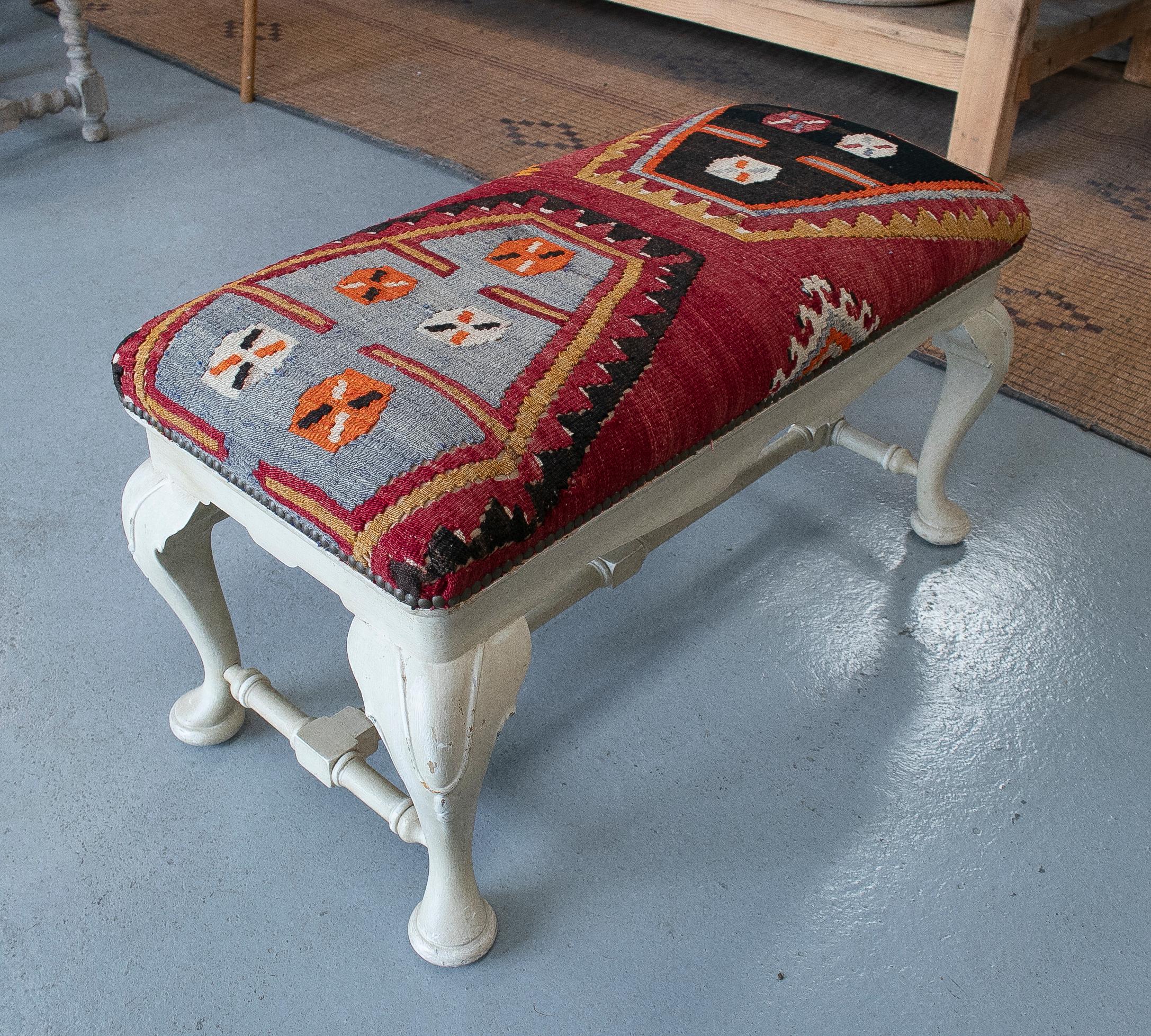 20th Century Vintage 1950s Spanish Tapestry-Woven Kilim Upholstered Two-Seat Bench