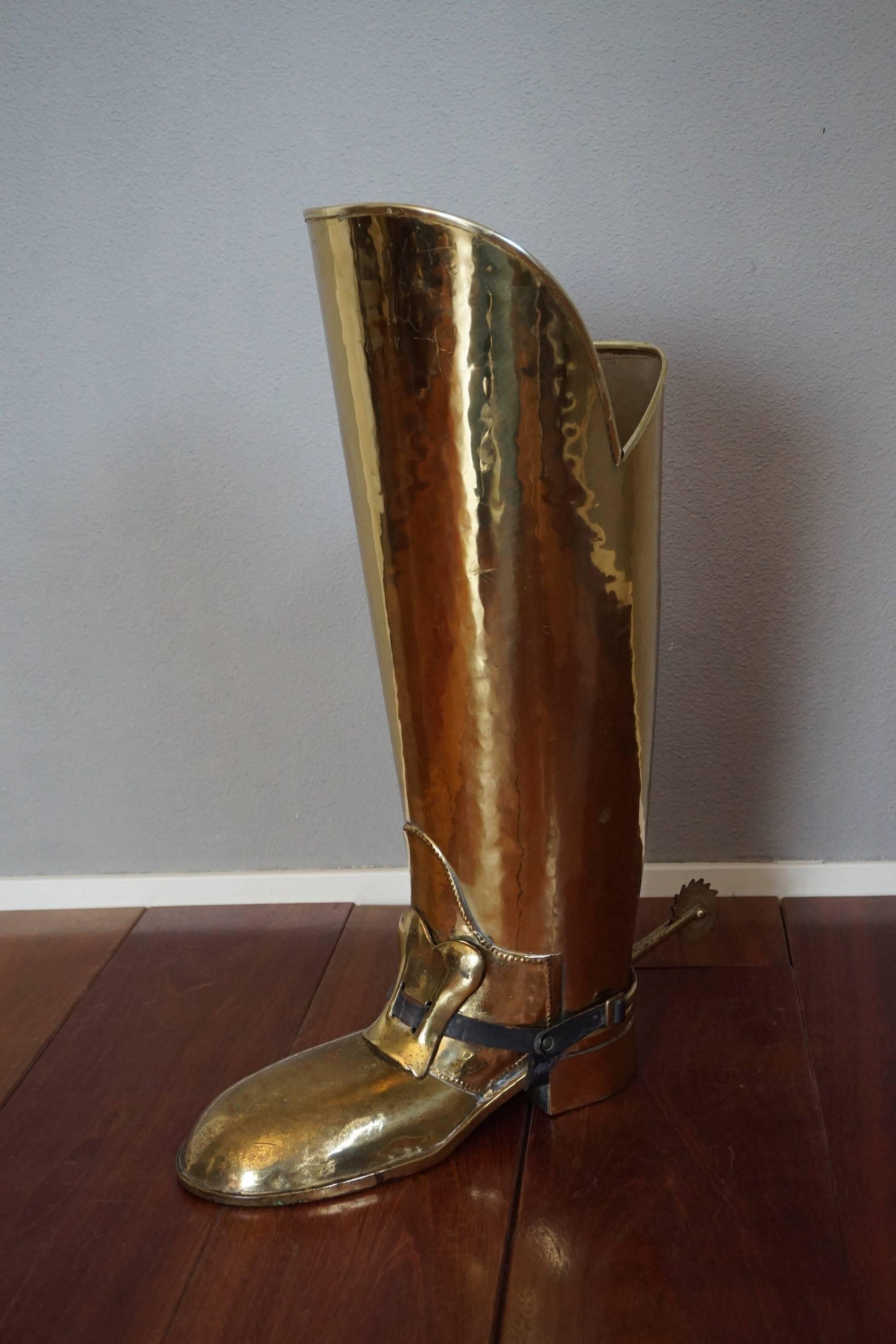 Leather Vintage 1950s Spurred Brass Horse Back Riding or Knight Boot Umbrella Stand