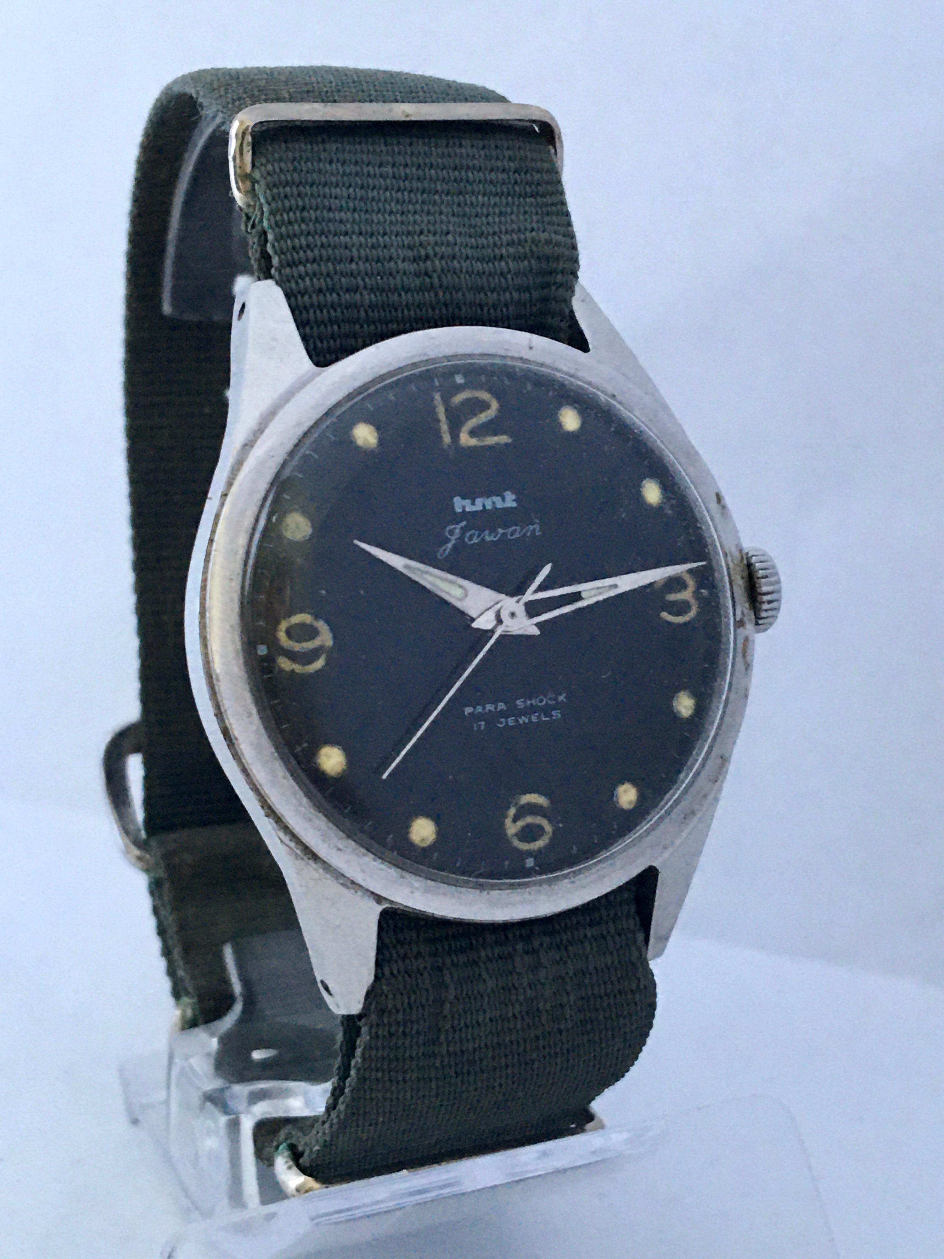 This charming pre-owned 35mm watch diameter vintage hand winding Military Watch is in good working condition and it is ticking well.
Visible signs of ageing and wear with slight scratches on the glass and on the watch case as shown. The strap is a