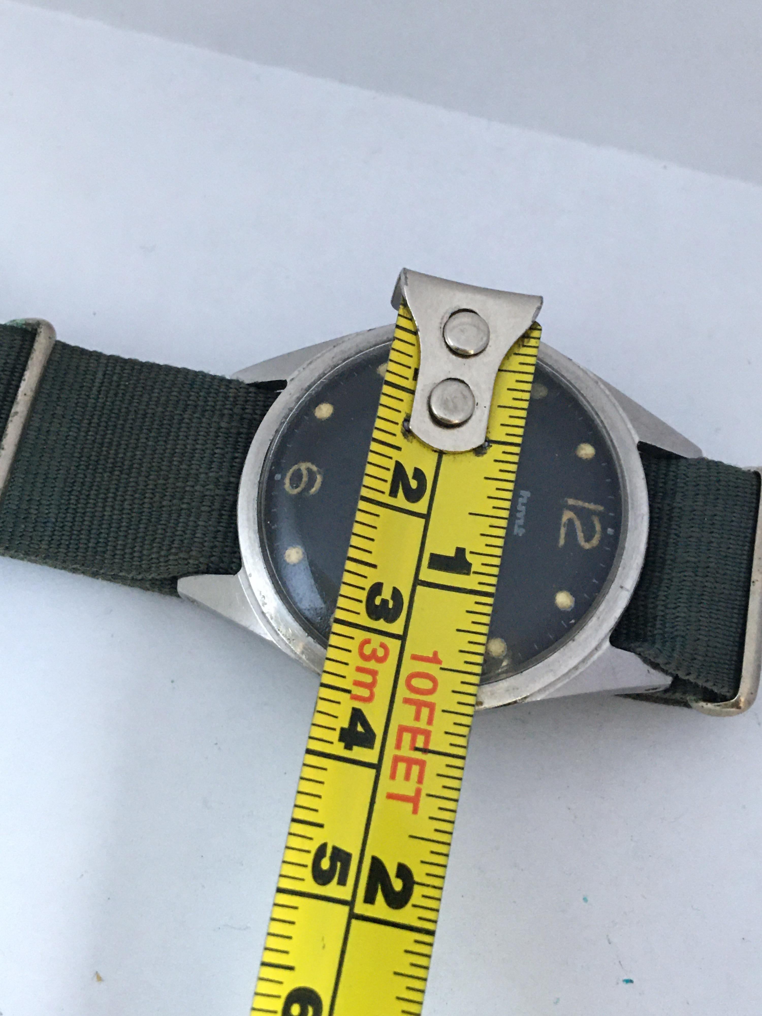 Vintage 1950s Stainless Steel Black Dial Mechanical Military Watch For Sale 2