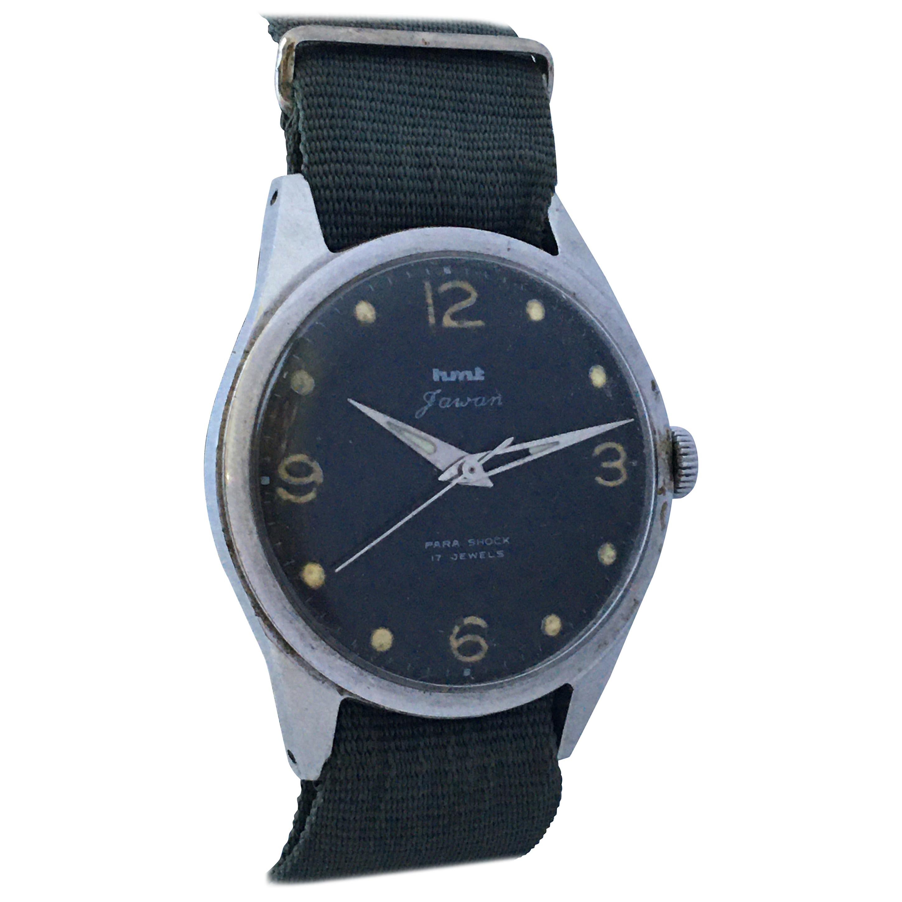 Vintage 1950s Stainless Steel Black Dial Mechanical Military Watch For Sale