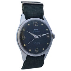 Vintage 1950s Stainless Steel Black Dial Mechanical Military Watch