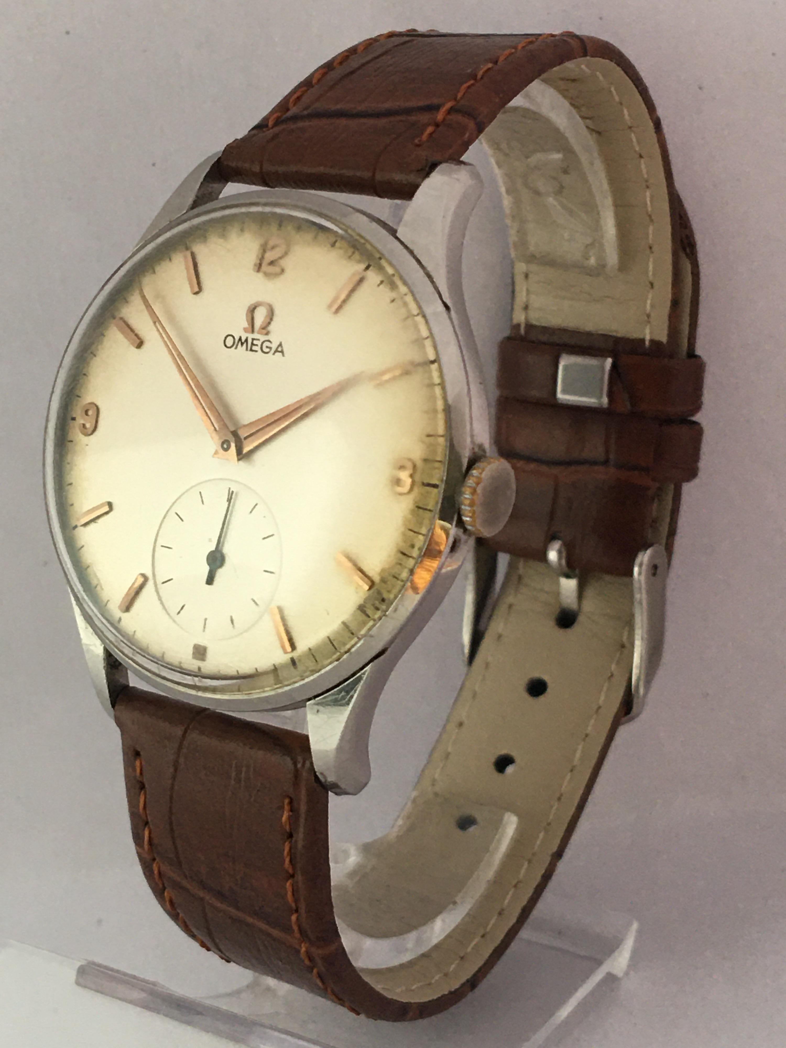 Omega stainless steel gentleman's wristwatch, circa 1956/57, serial no. 15629xxx, signed silvered dial with Arabic quarter numerals, baton markers, dauphine hands and subsidiary seconds, cal. 267 17 jewel movement, 37mm Watch diameter 

Condition