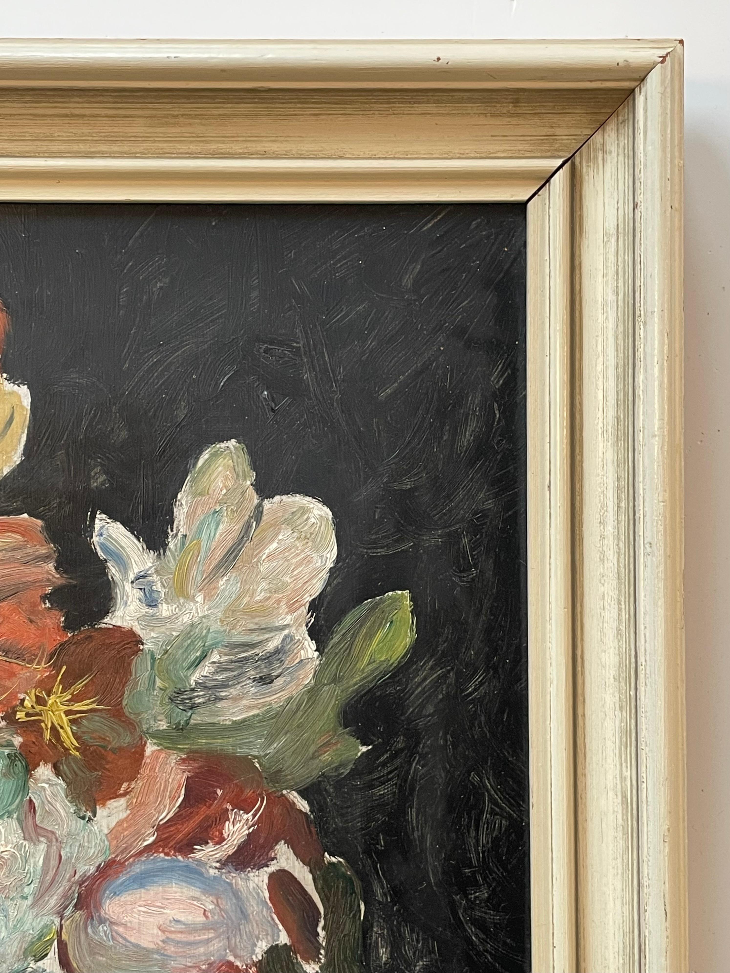 Vintage 1950s Stillleben Ölgemälde von Blumen in einer Vase im Angebot 2