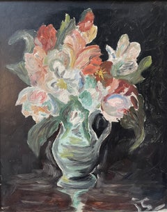 Vintage 1950s still life oil painting of flowers in a vase