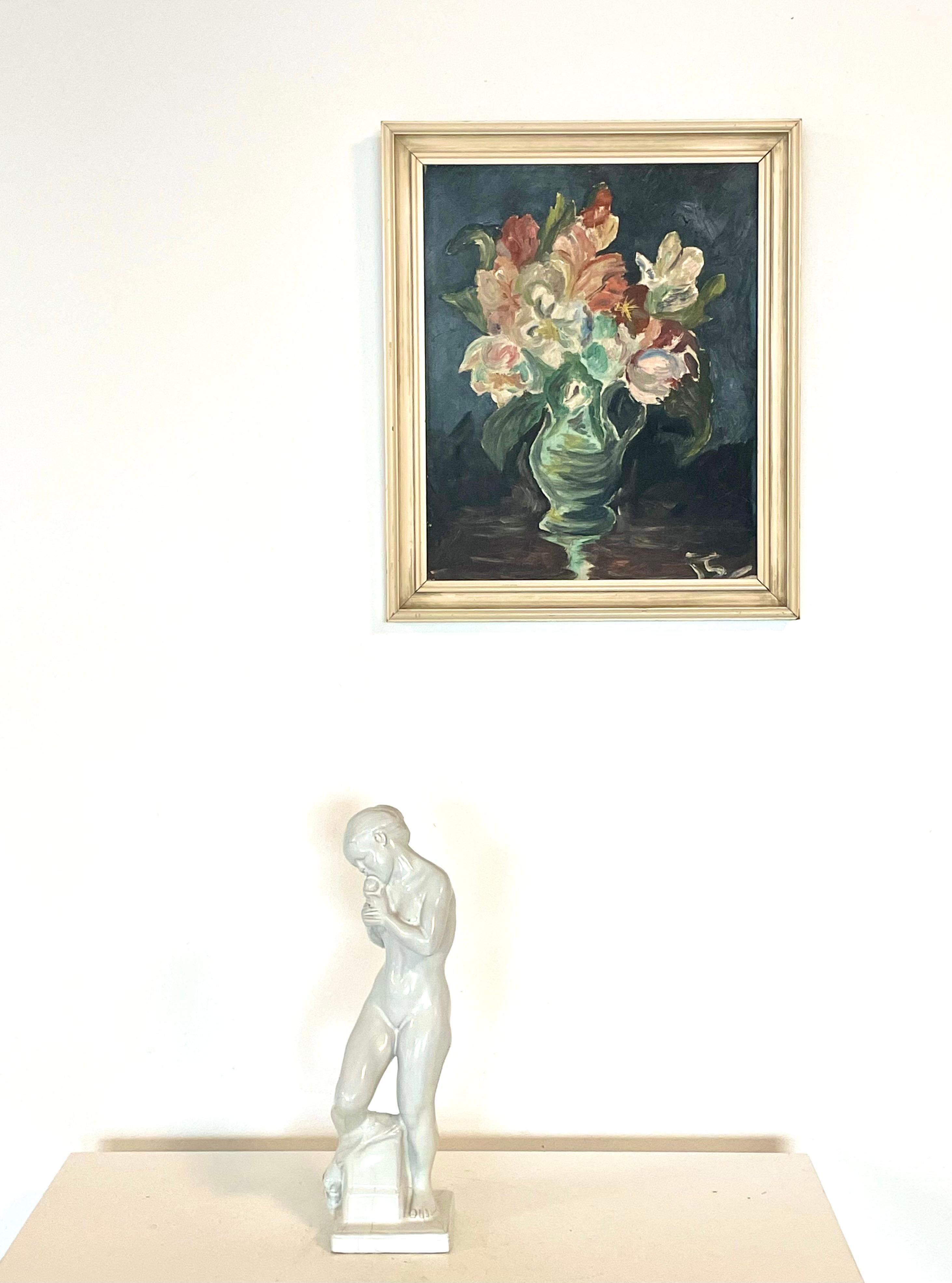 Vintage 1950s Stillleben Ölgemälde von Blumen in einer Vase (Skandinavische Moderne) im Angebot