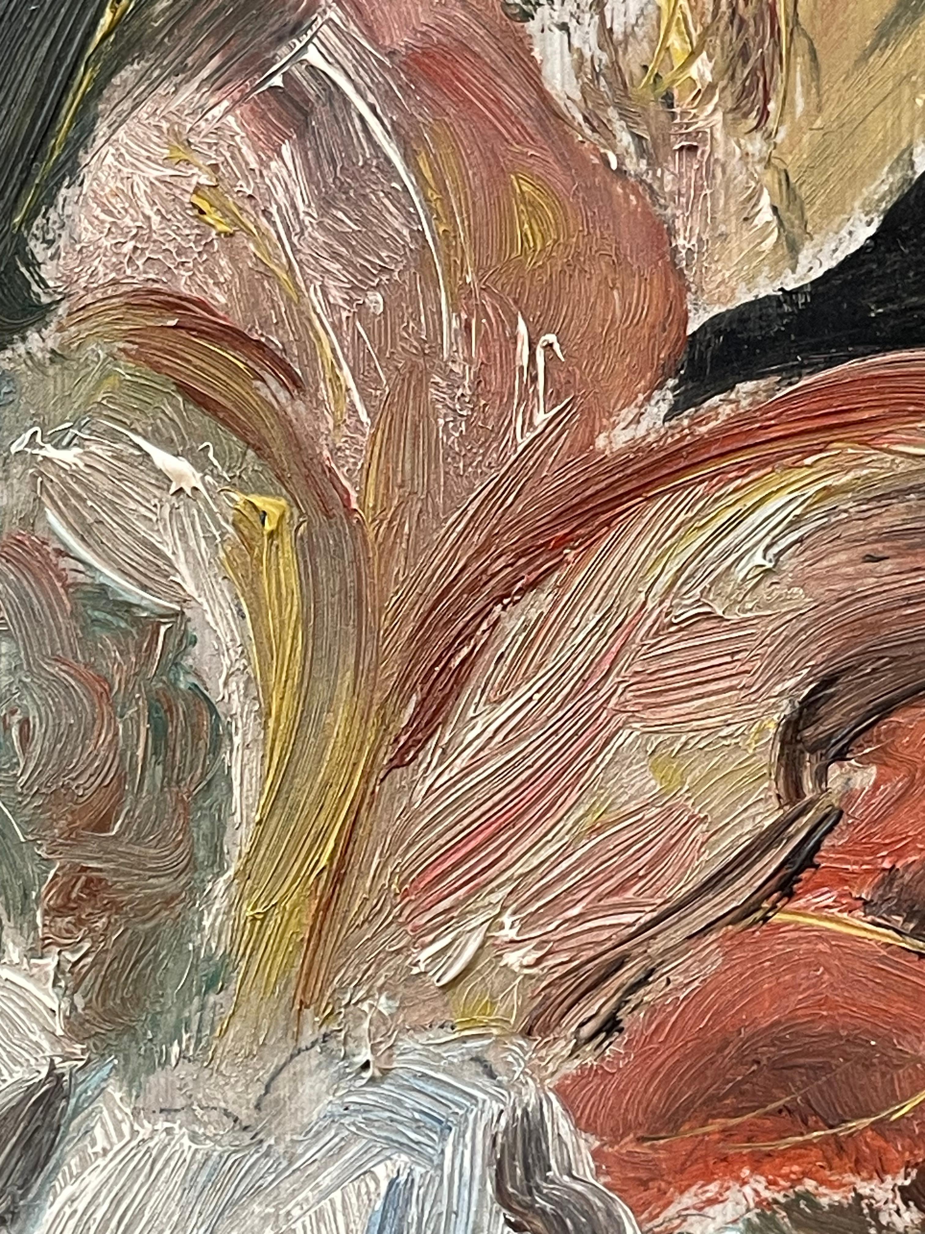 Vintage 1950s Stillleben Ölgemälde von Blumen in einer Vase (Farbe) im Angebot