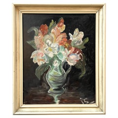 Vintage 1950s nature morte peinture à l'huile de fleurs dans un vase.