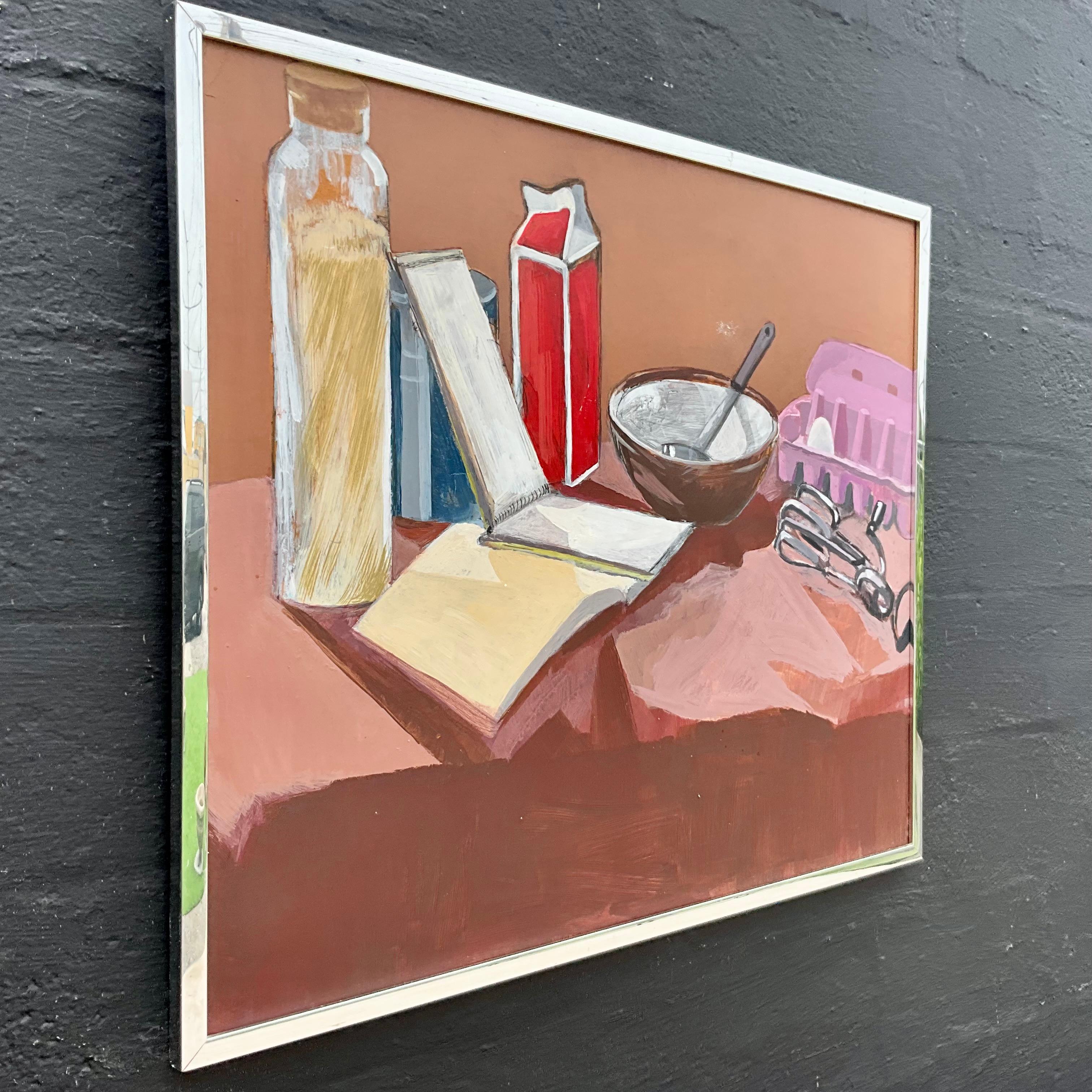 Vintage 1950s Still Life Painting by E.M. Kaufman -  Kitchen Scene

Discover a captivating still life painting by E.M. Kaufman, created in the vibrant style of the 1950s. This charming artwork features a delightful arrangement of kitchen essentials,