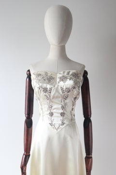 Vintage 1950's Strapless Cream Satin Frank Starr Ted Short Evening Gown UK 6-8