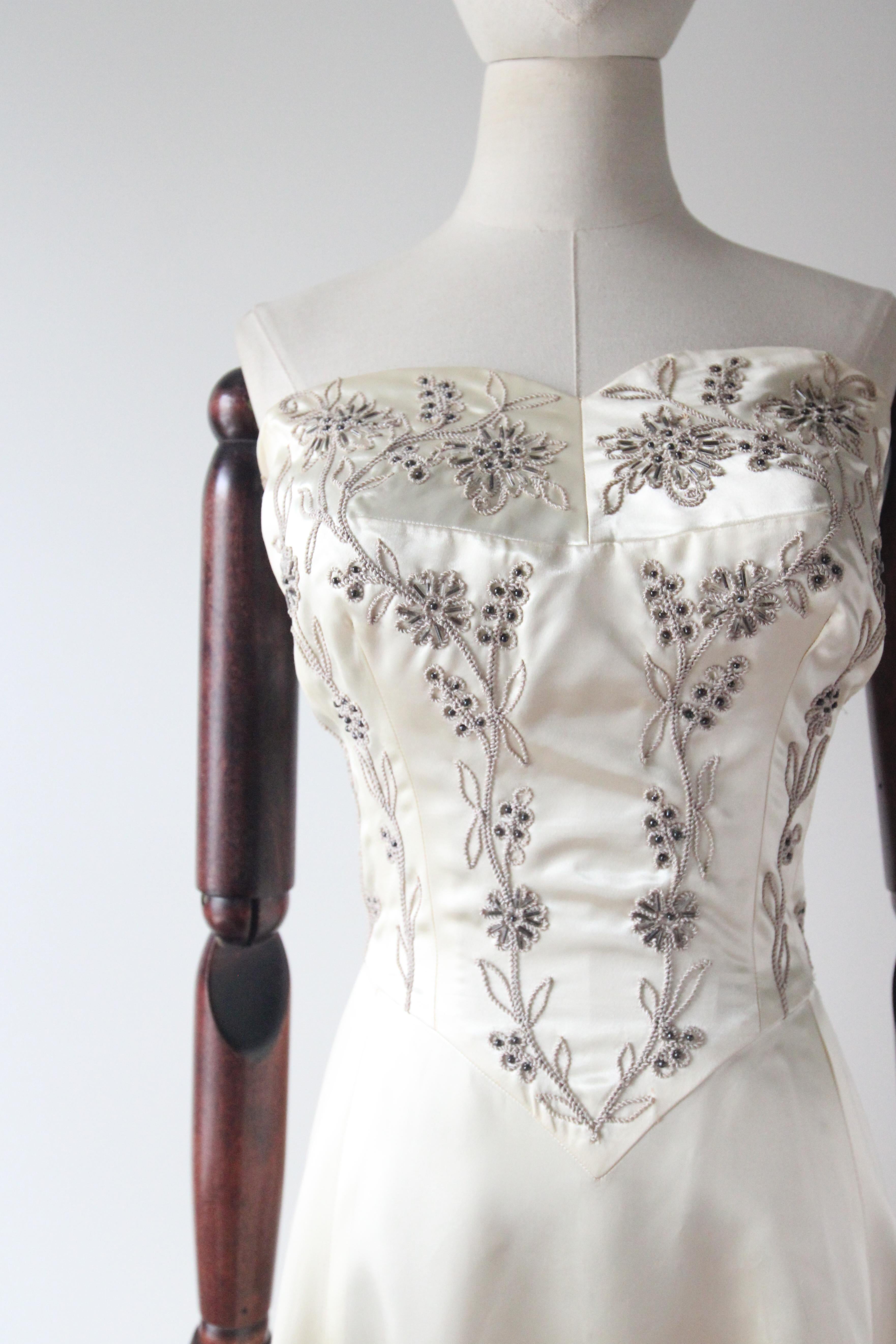 Beige Vintage 1950's Strapless Cream Satin Frank Starr Ted Short Evening Gown UK 6-8 For Sale
