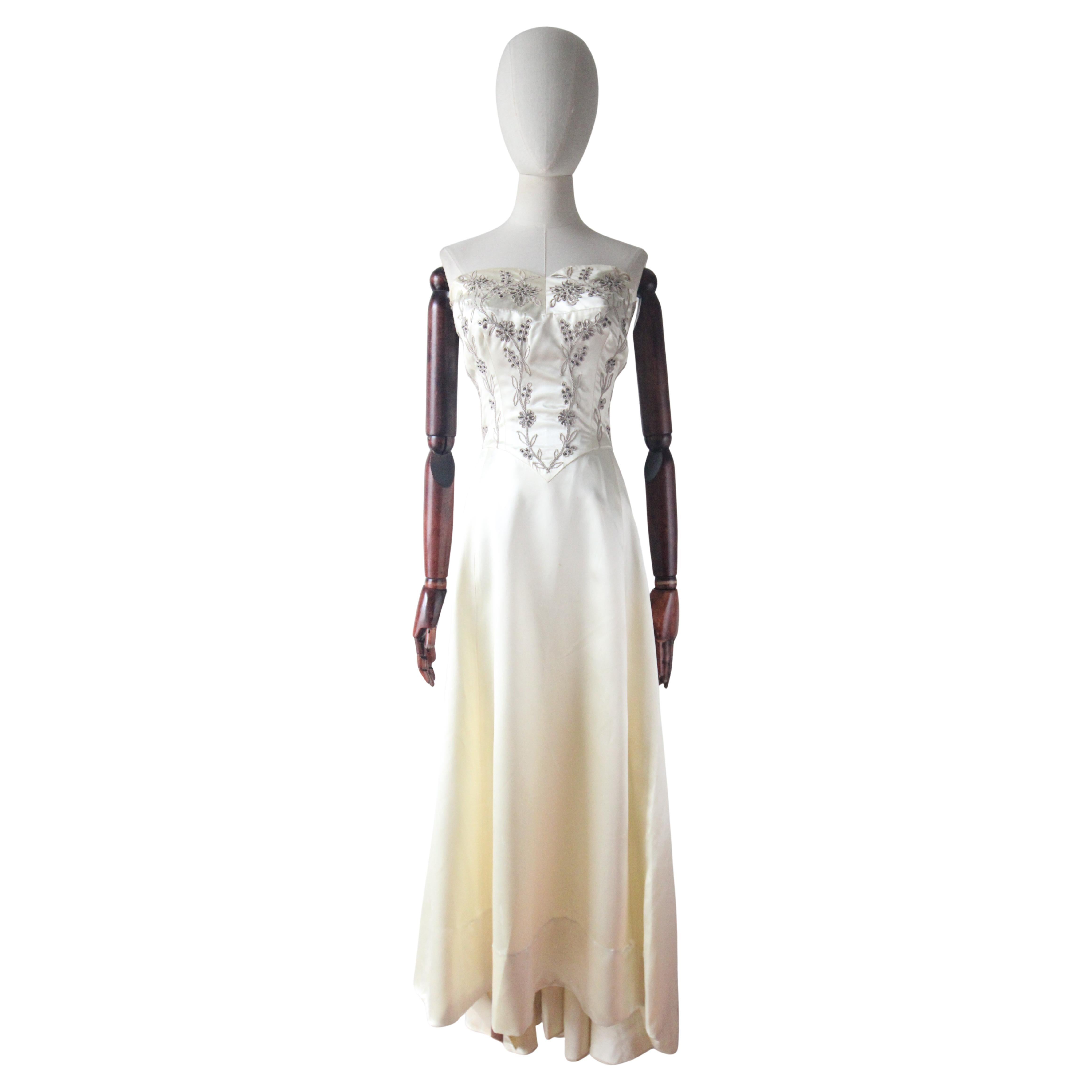 Vintage 1950's Strapless Cream Satin Frank Starr Ted Short Evening Gown UK 6-8 For Sale