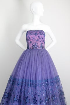 Vintage 1950's Strapless Tulle Evening Dress Purple Mary Carter UK 6 US 2