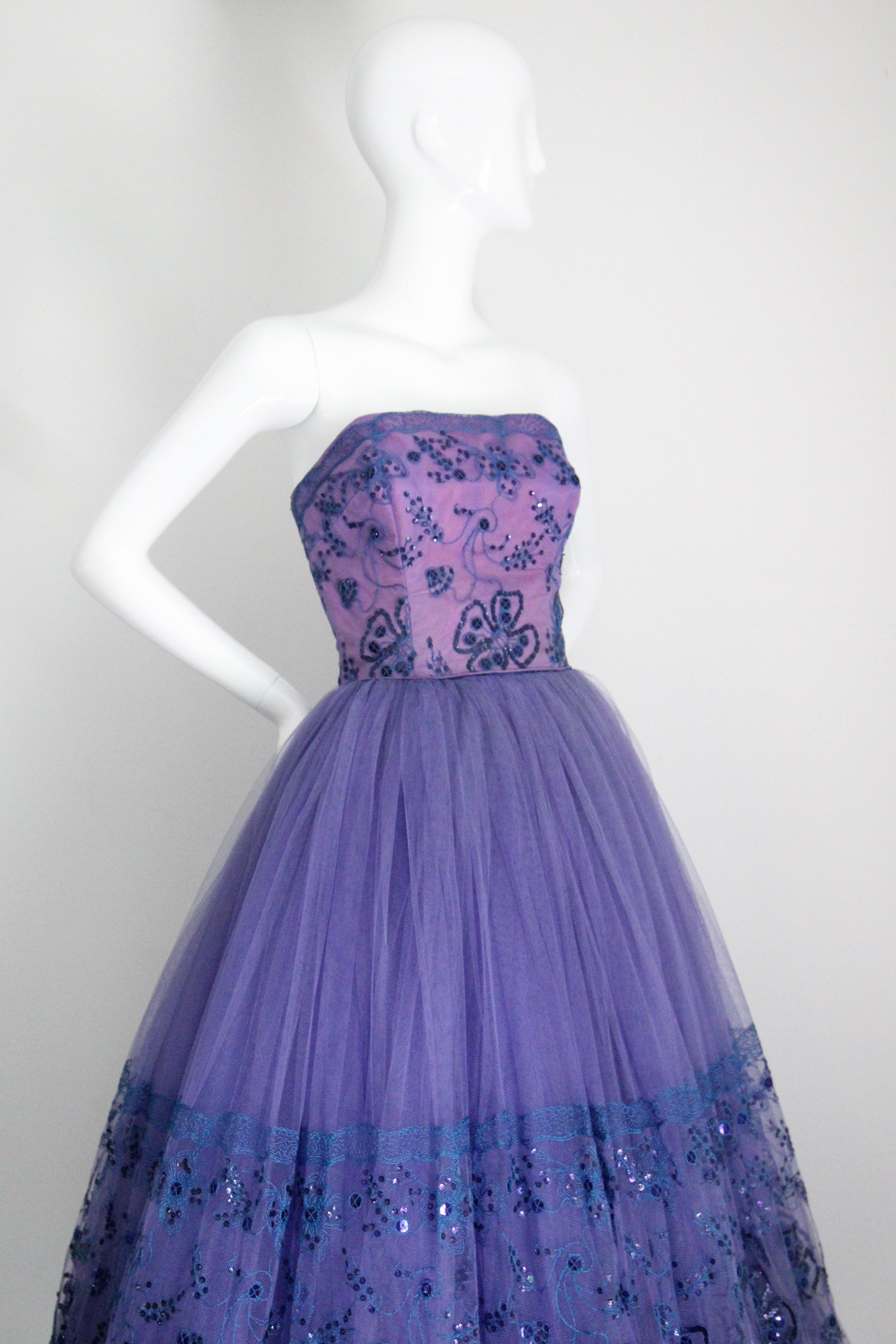 Abito da sera in tulle senza spalline vintage anni '50 Mary Carter UK 6 US 2 in vendita 1