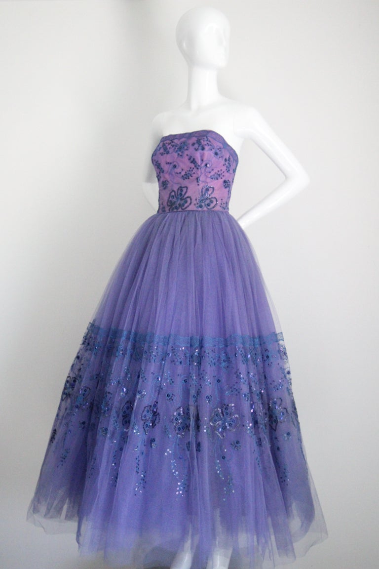 Vintage 1950's Strapless Tulle Evening Dress Purple Mary Carter UK 6 US 2  at 1stDibs