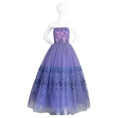 Vintage 1950's Strapless Tulle Evening Dress Purple Mary Carter UK 6 US 2