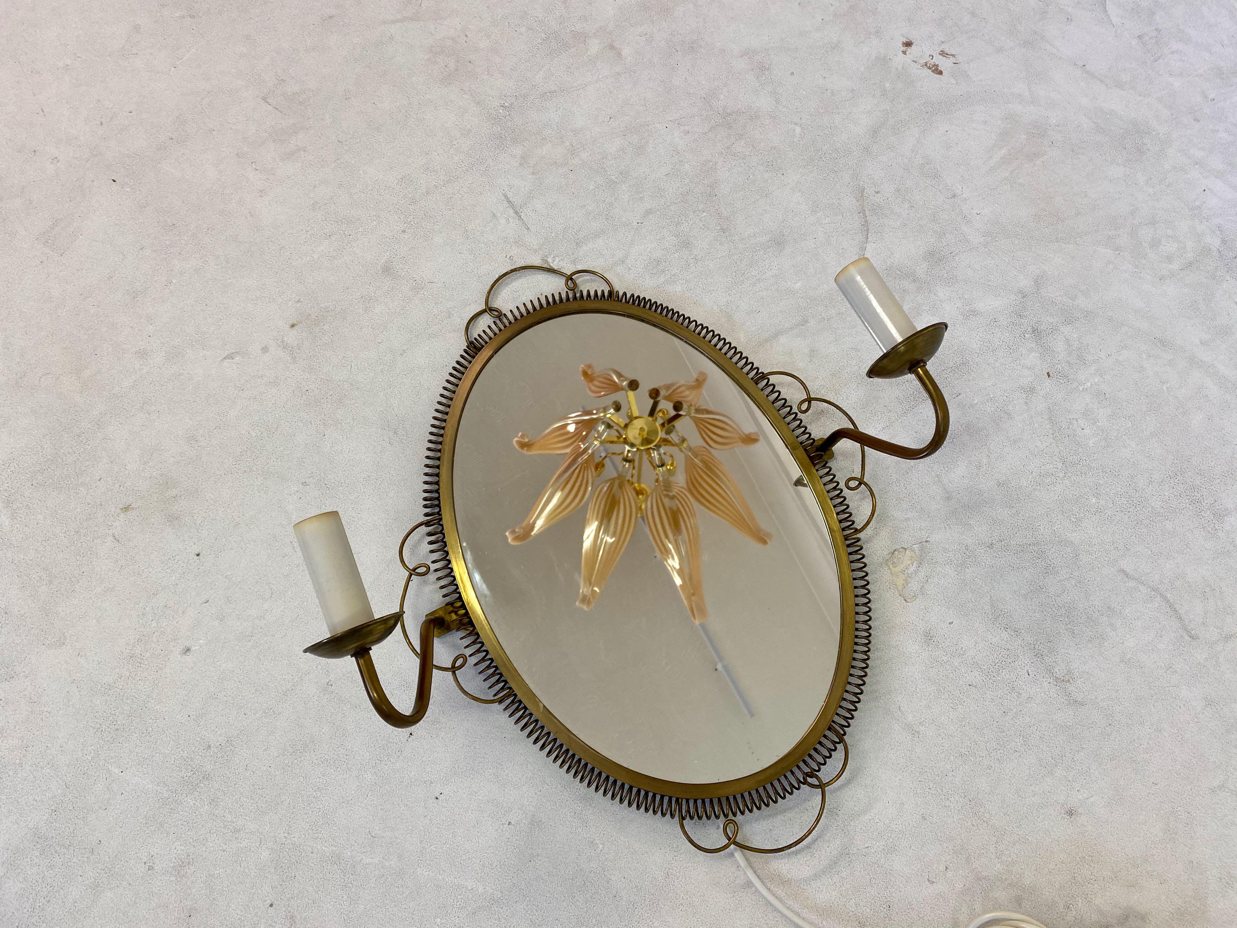 Vintage 1950s Swedish Brass Mirror with Sconces For Sale 4