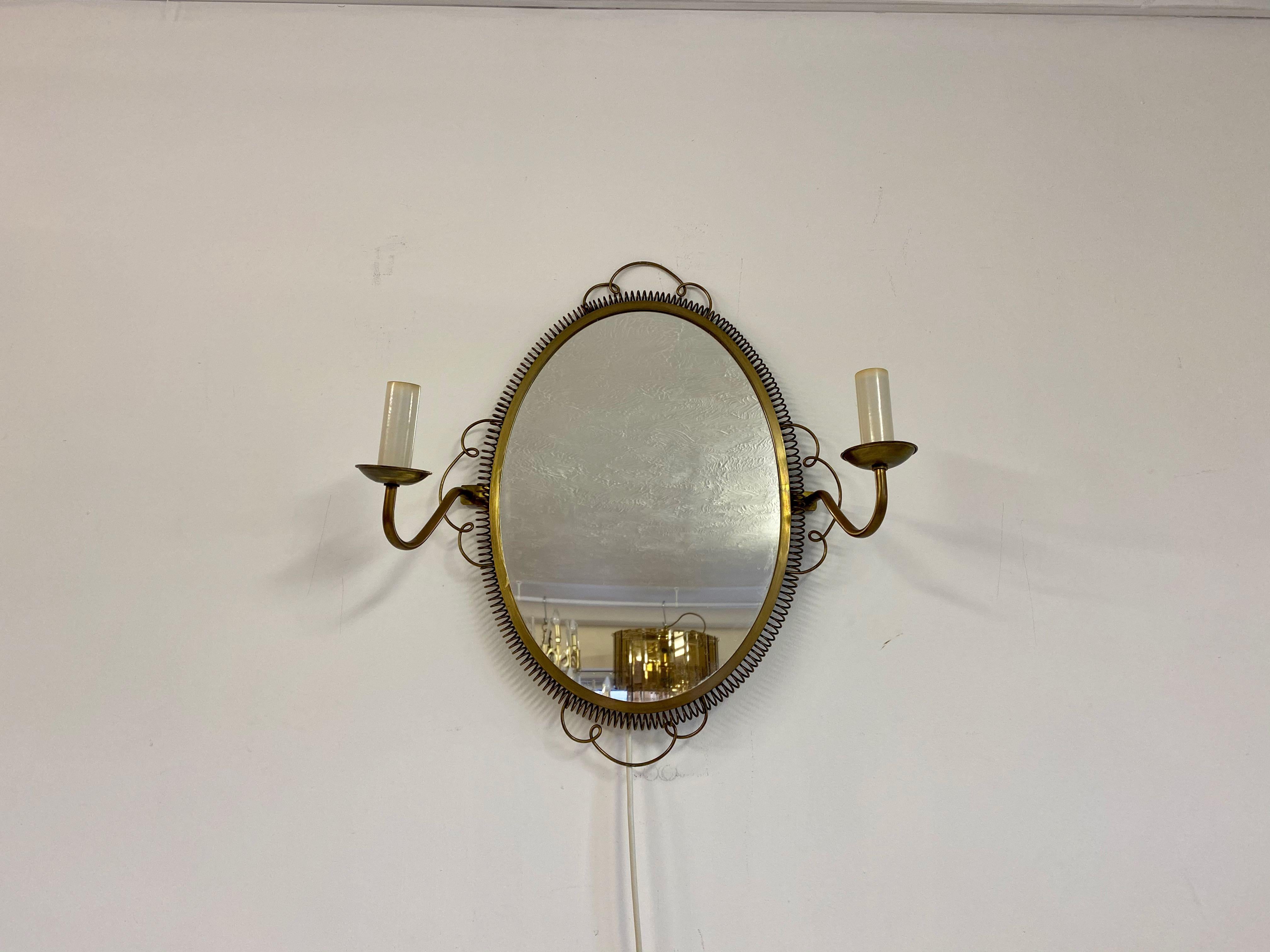Mid-Century Modern Vintage 1950s Swedish Brass Mirror with Sconces For Sale