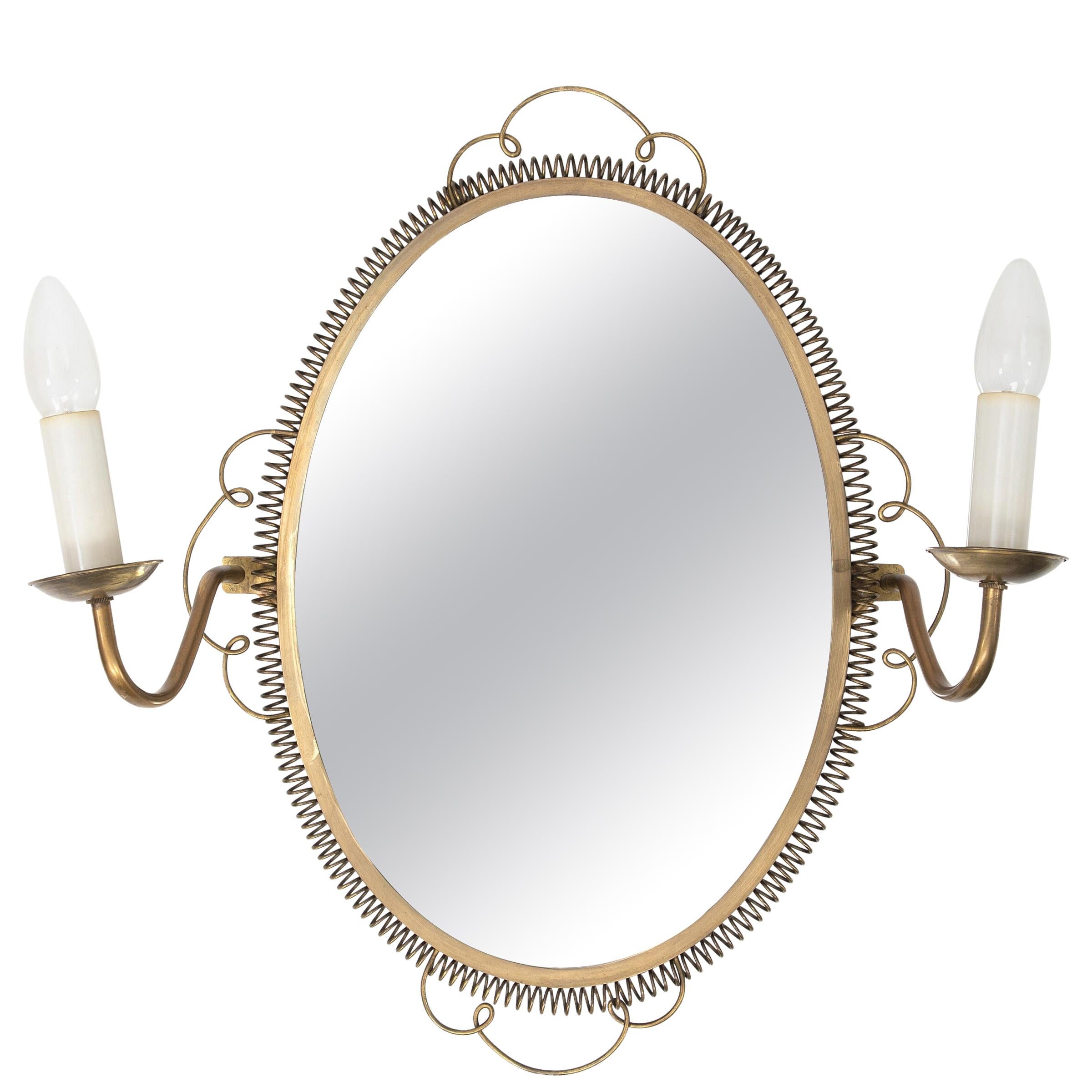 Vintage 1950s Swedish Brass Mirror with Sconces For Sale