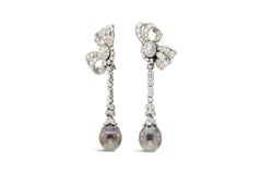 Vintage 1950s Tahitian Pearl and 4.70 Carat Diamond Bow Dangle Earrings