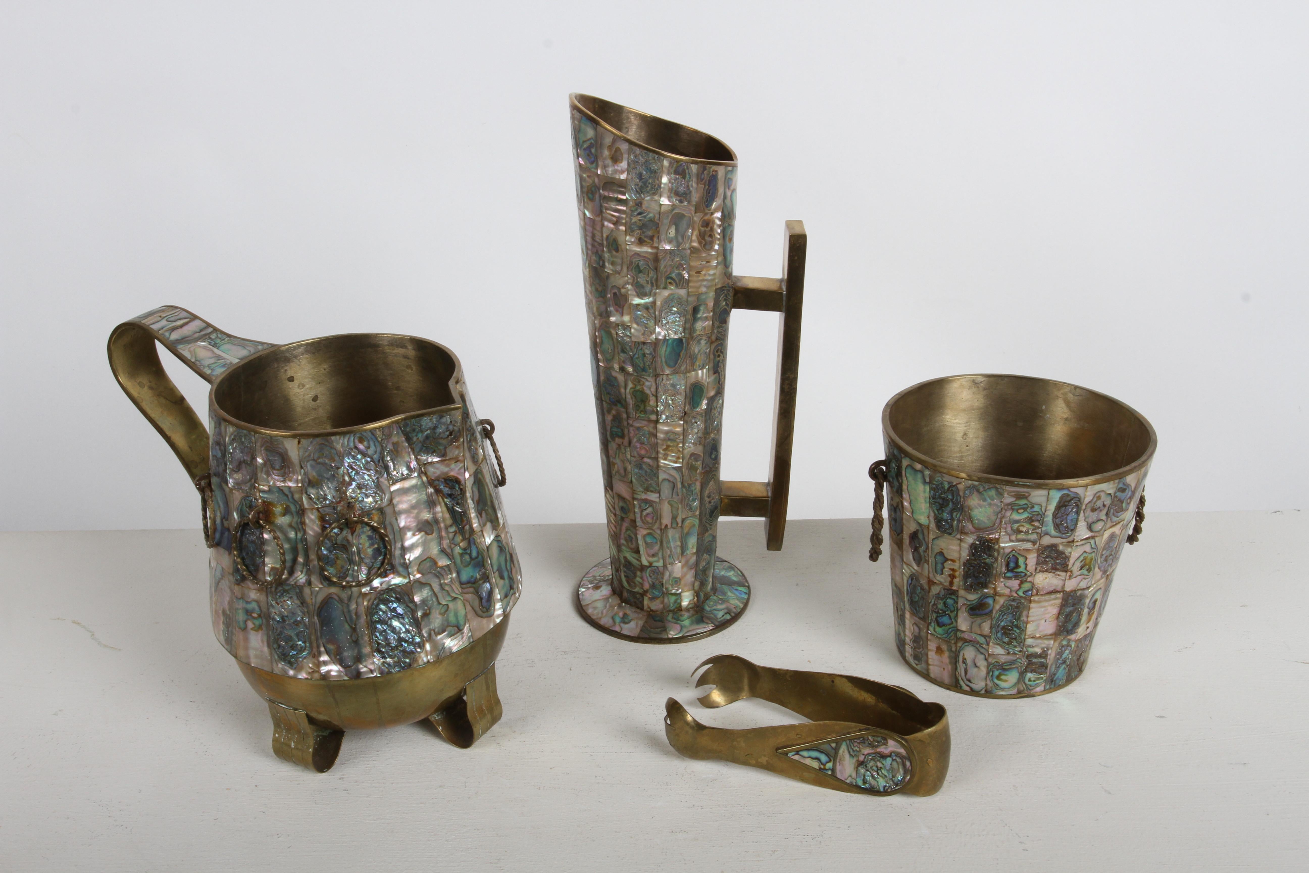 Vintage 1950s Taxco Mexico Los Castillo Abalone Shell & Brass Bar Service Set (Moderne der Mitte des Jahrhunderts) im Angebot