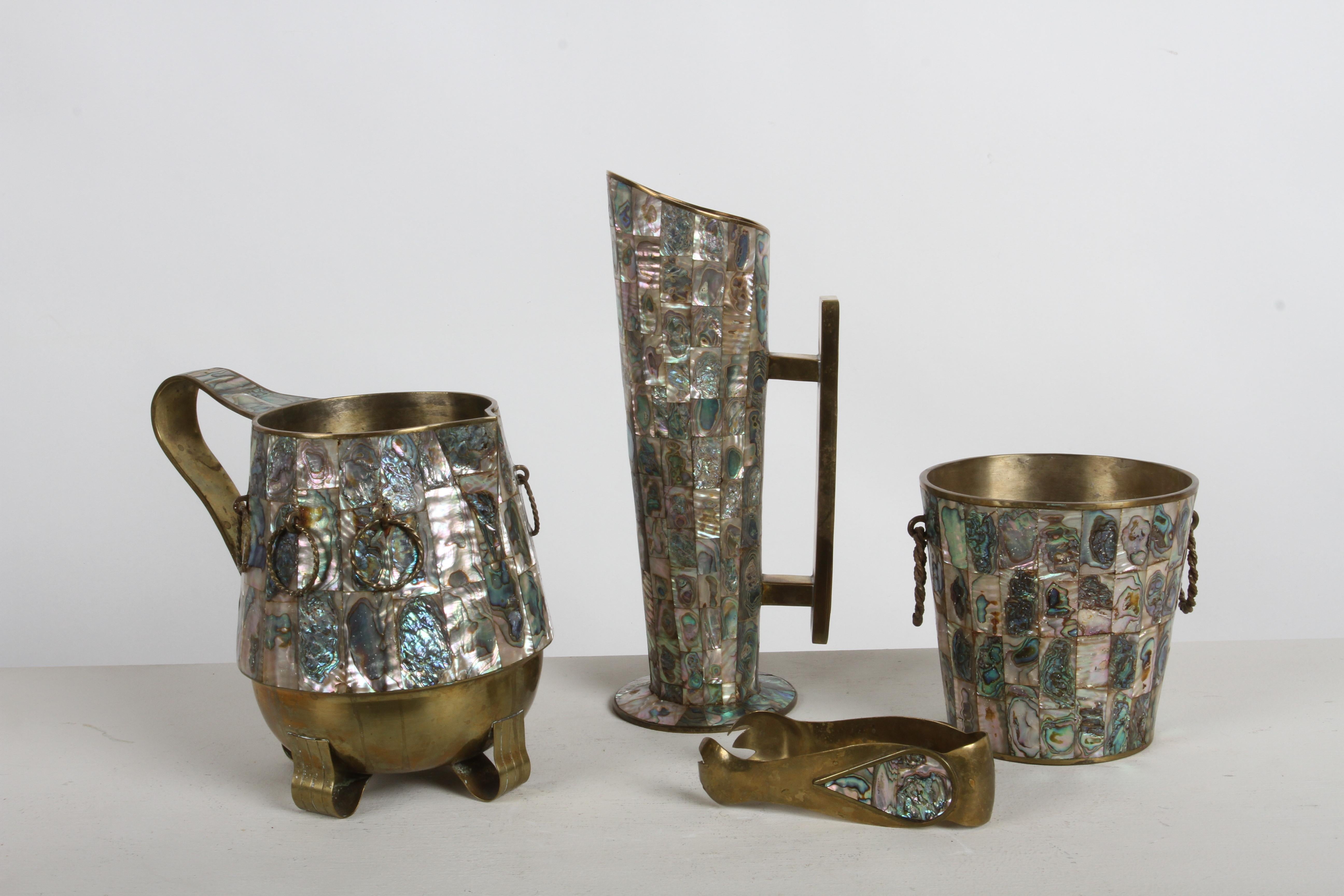 Vintage 1950s Taxco Mexico Los Castillo Abalone Shell & Brass Bar Service Set im Angebot 2