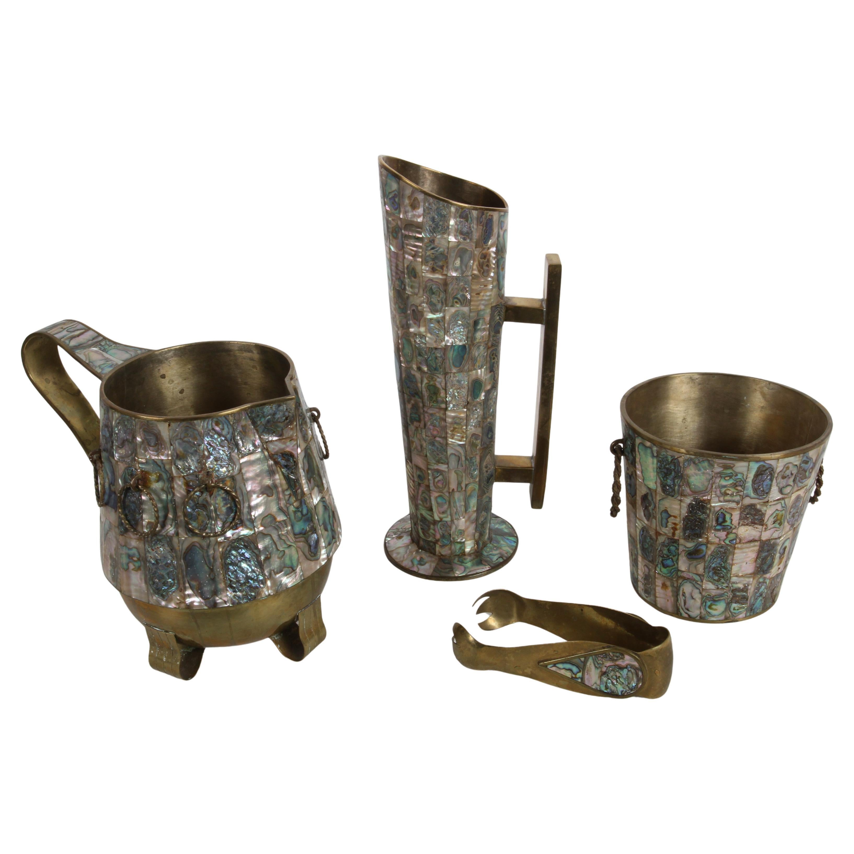 Vintage 1950s Taxco Mexico Los Castillo Abalone Shell 
Brass Bar Service Set