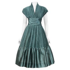 Vintage 1950's Teal Blue Heavily Pleated Silk Cummerbund Full-Skirt Custom Dress