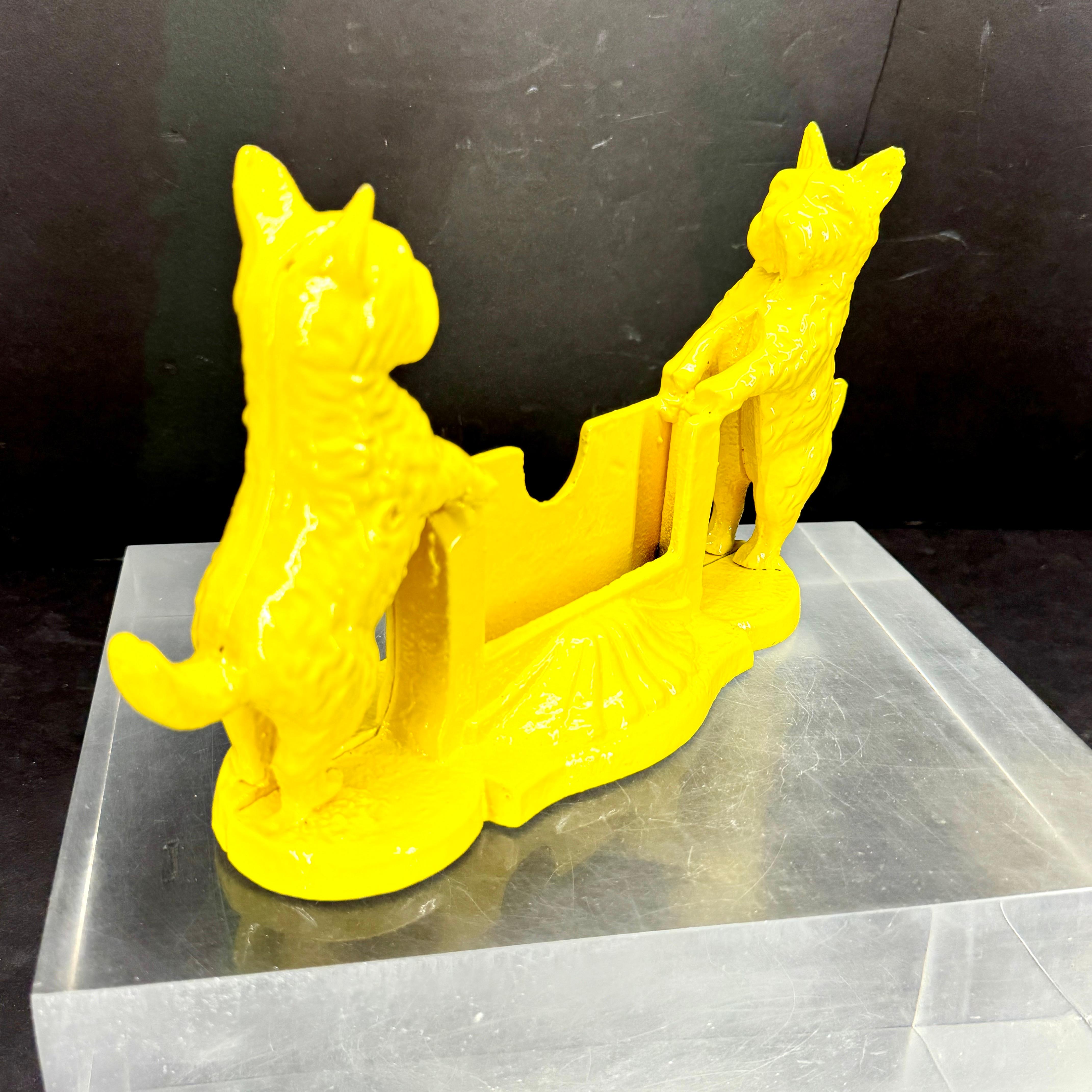 Mid-Century Modern Vintage 1950's Terrier Dogs Business Card Holder Stand, Powder Coated Yellow For Sale