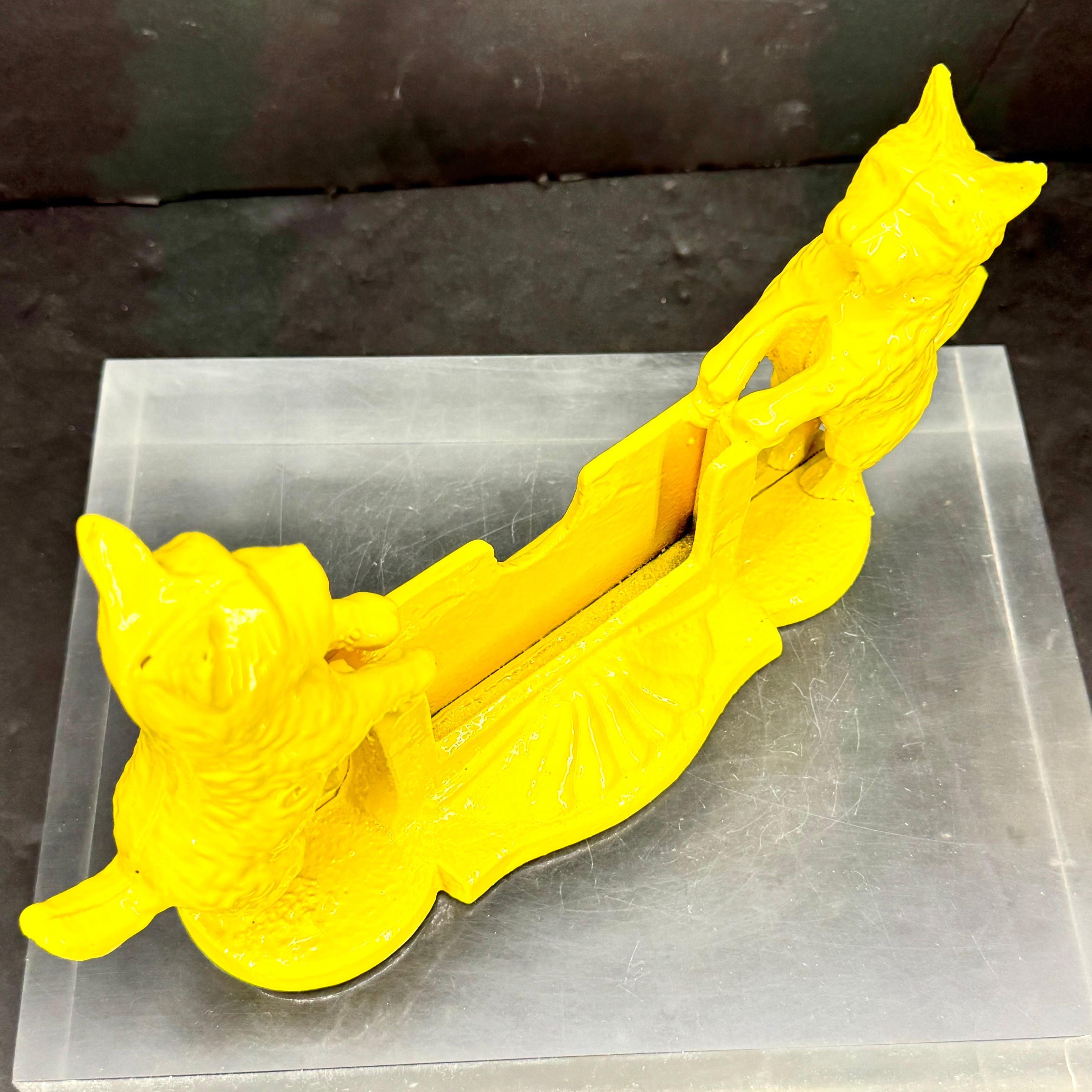English Vintage 1950's Terrier Dogs Business Card Holder Stand, Powder Coated Yellow For Sale