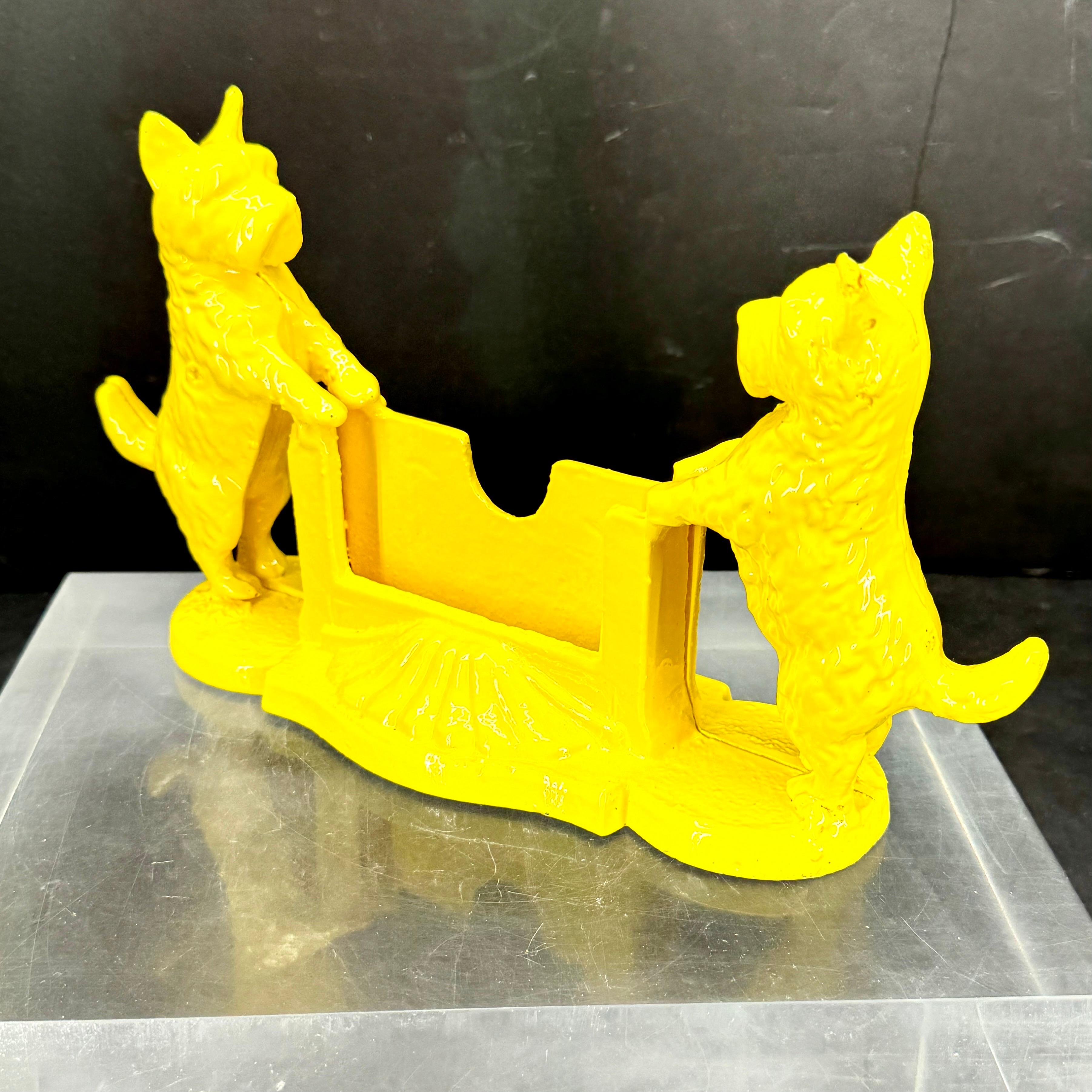 Cast Vintage 1950's Terrier Dogs Business Card Holder Stand, Powder Coated Yellow For Sale