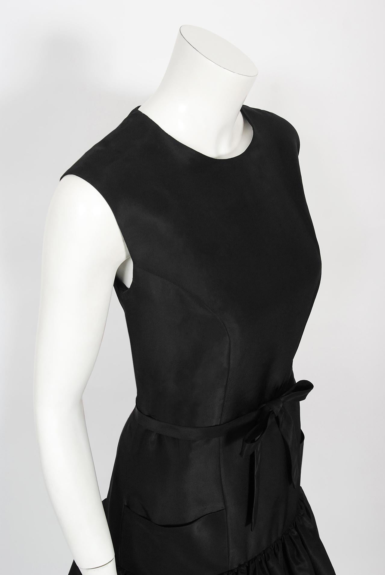 Vintage 1950's Traina-Norell Couture Black Silk Belted Flounce Cocktail Dress 6