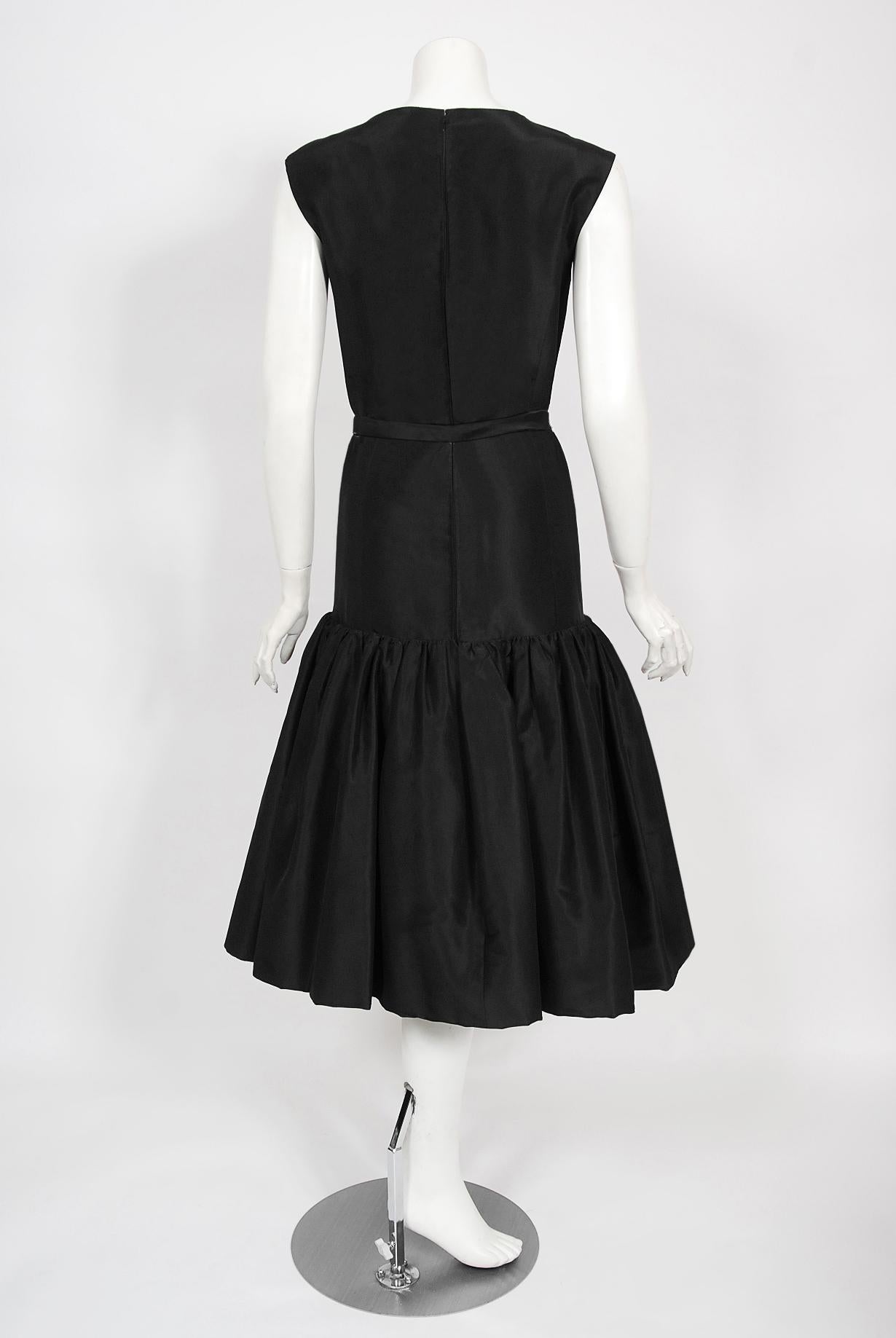 Vintage 1950's Traina-Norell Couture Black Silk Belted Flounce Cocktail Dress 7