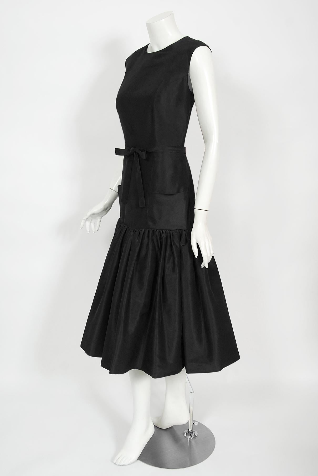 Women's Vintage 1950's Traina-Norell Couture Black Silk Belted Flounce Cocktail Dress