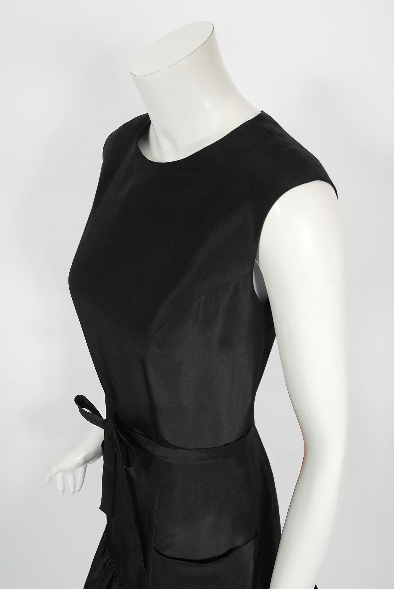 Vintage 1950's Traina-Norell Couture Black Silk Belted Flounce Cocktail Dress 1