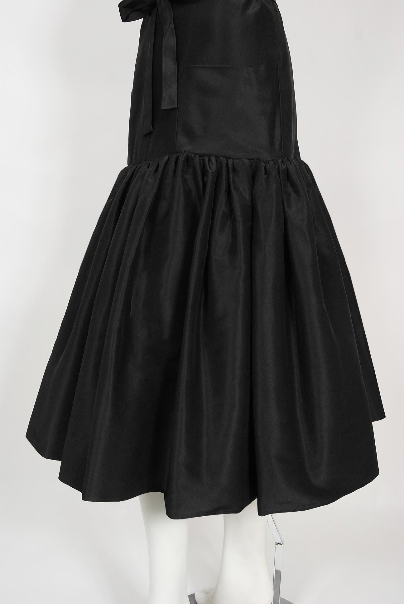 Vintage 1950's Traina-Norell Couture Black Silk Belted Flounce Cocktail Dress 2