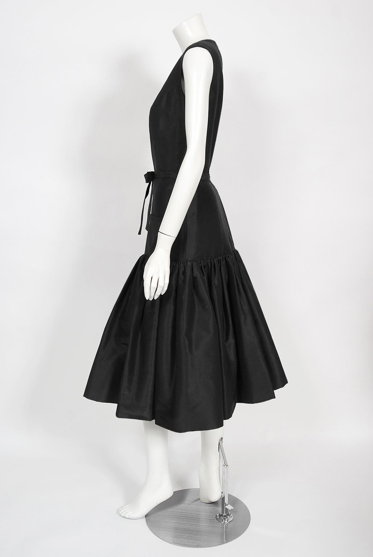 Vintage 1950's Traina-Norell Couture Black Silk Belted Flounce Cocktail Dress 4