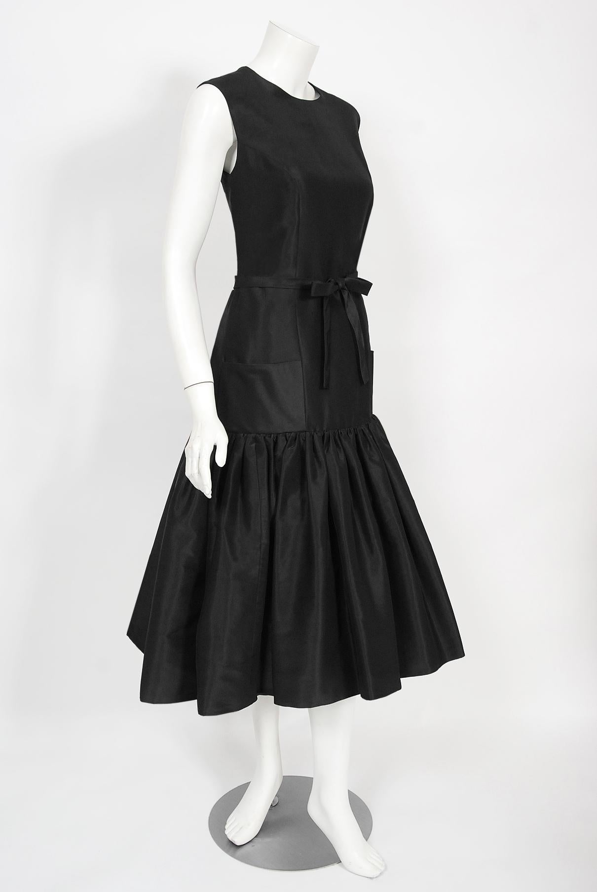 Vintage 1950's Traina-Norell Couture Black Silk Belted Flounce Cocktail Dress 5