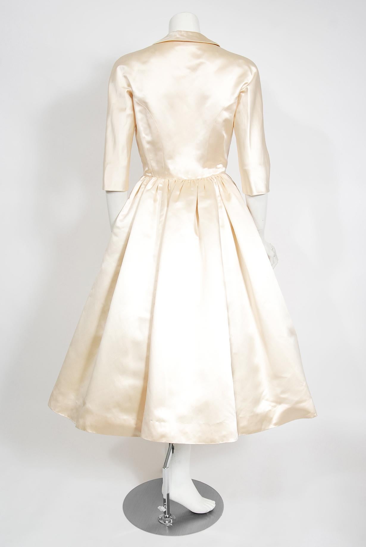 Vintage 1950's Traina-Norell Couture Ivory Silk Satin Full Skirted Bridal Dress 6