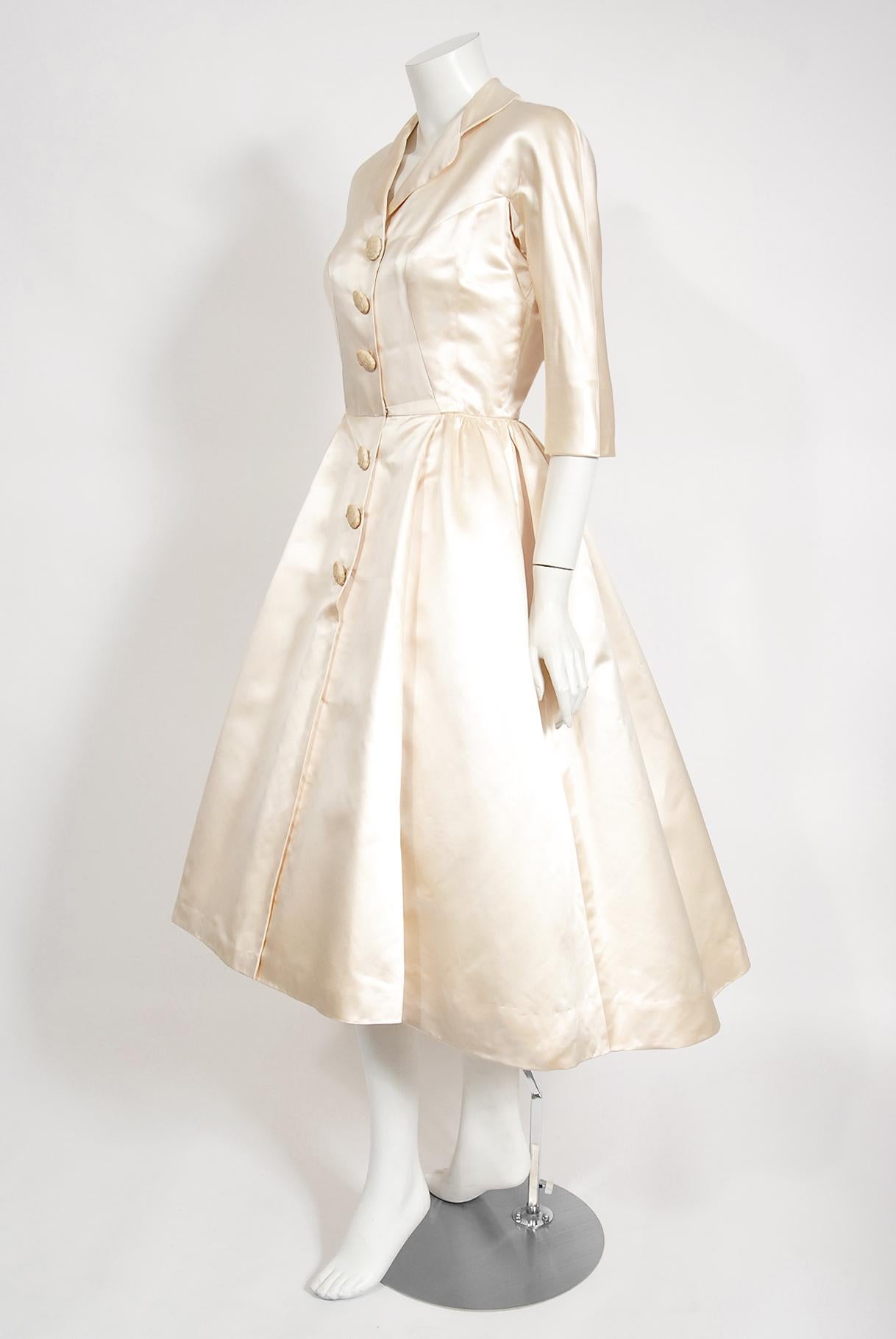 Women's Vintage 1950's Traina-Norell Couture Ivory Silk Satin Full Skirted Bridal Dress