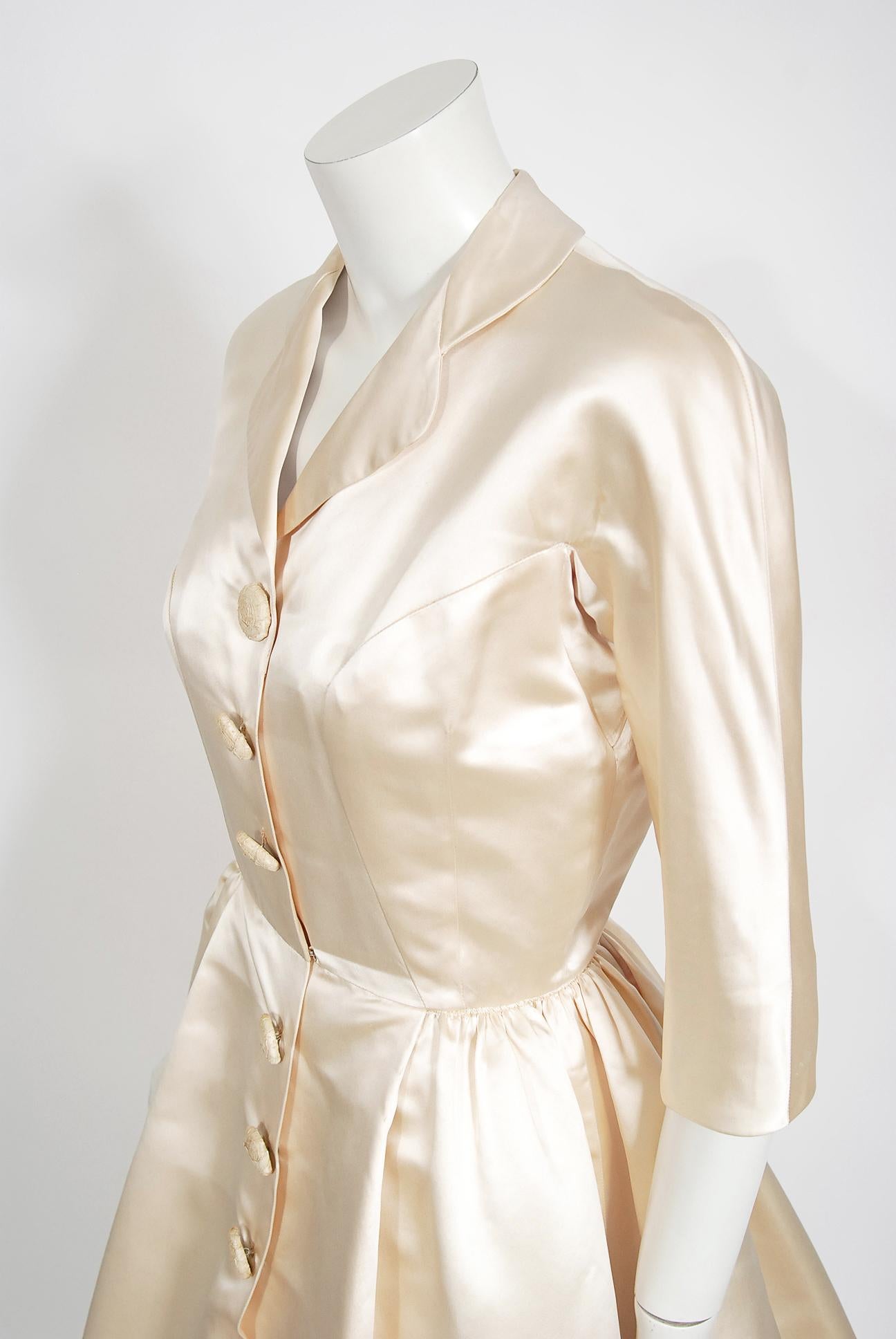 Vintage 1950's Traina-Norell Couture Ivory Silk Satin Full Skirted Bridal Dress 1