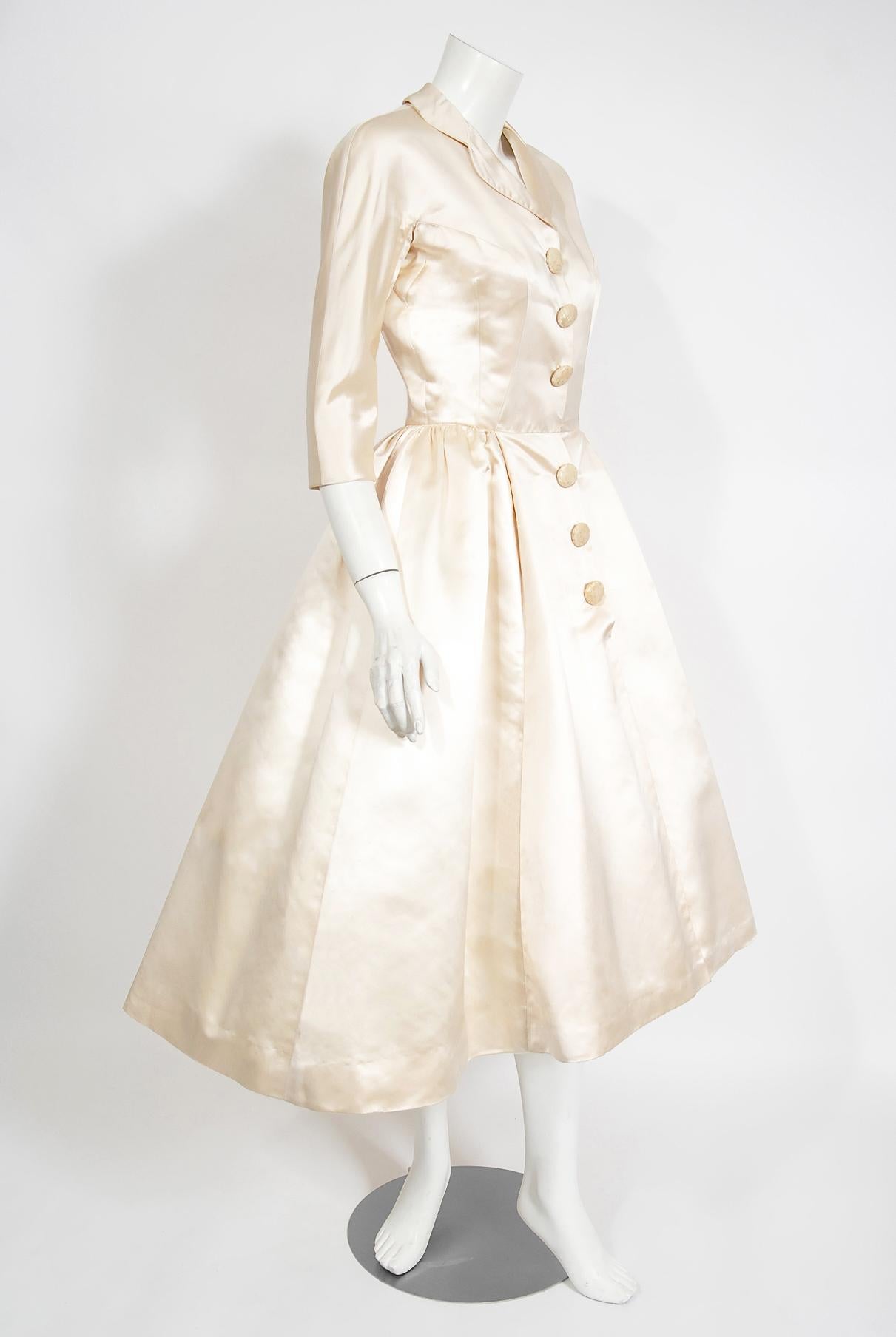 Vintage 1950's Traina-Norell Couture Ivory Silk Satin Full Skirted Bridal Dress 2