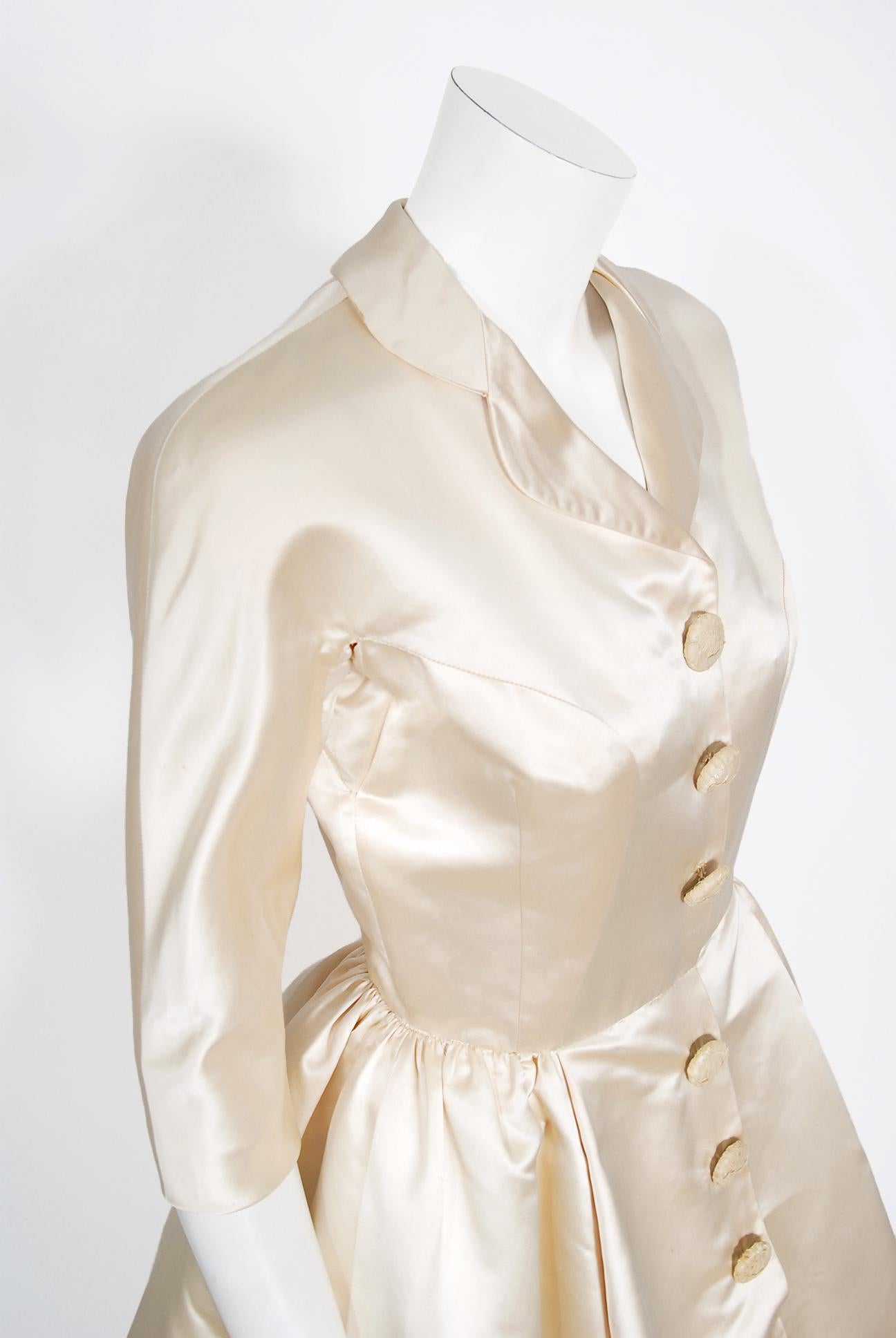 Vintage 1950's Traina-Norell Couture Ivory Silk Satin Full Skirted Bridal Dress 3