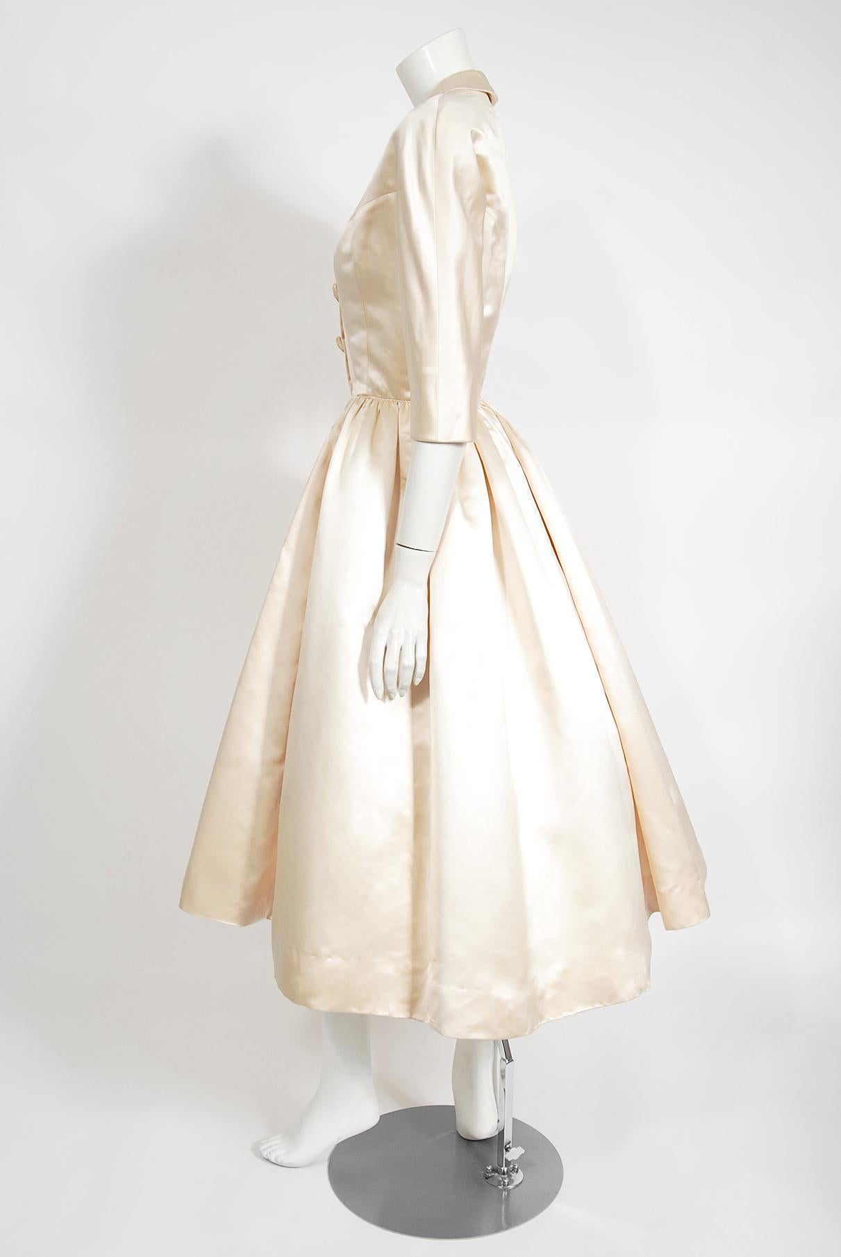 Vintage 1950's Traina-Norell Couture Ivory Silk Satin Full Skirted Bridal Dress 4