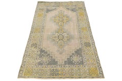 Vintage 1950s Turkish Kars Rug Hand-Knotted Wool In Muted Pastel Geometric Motif